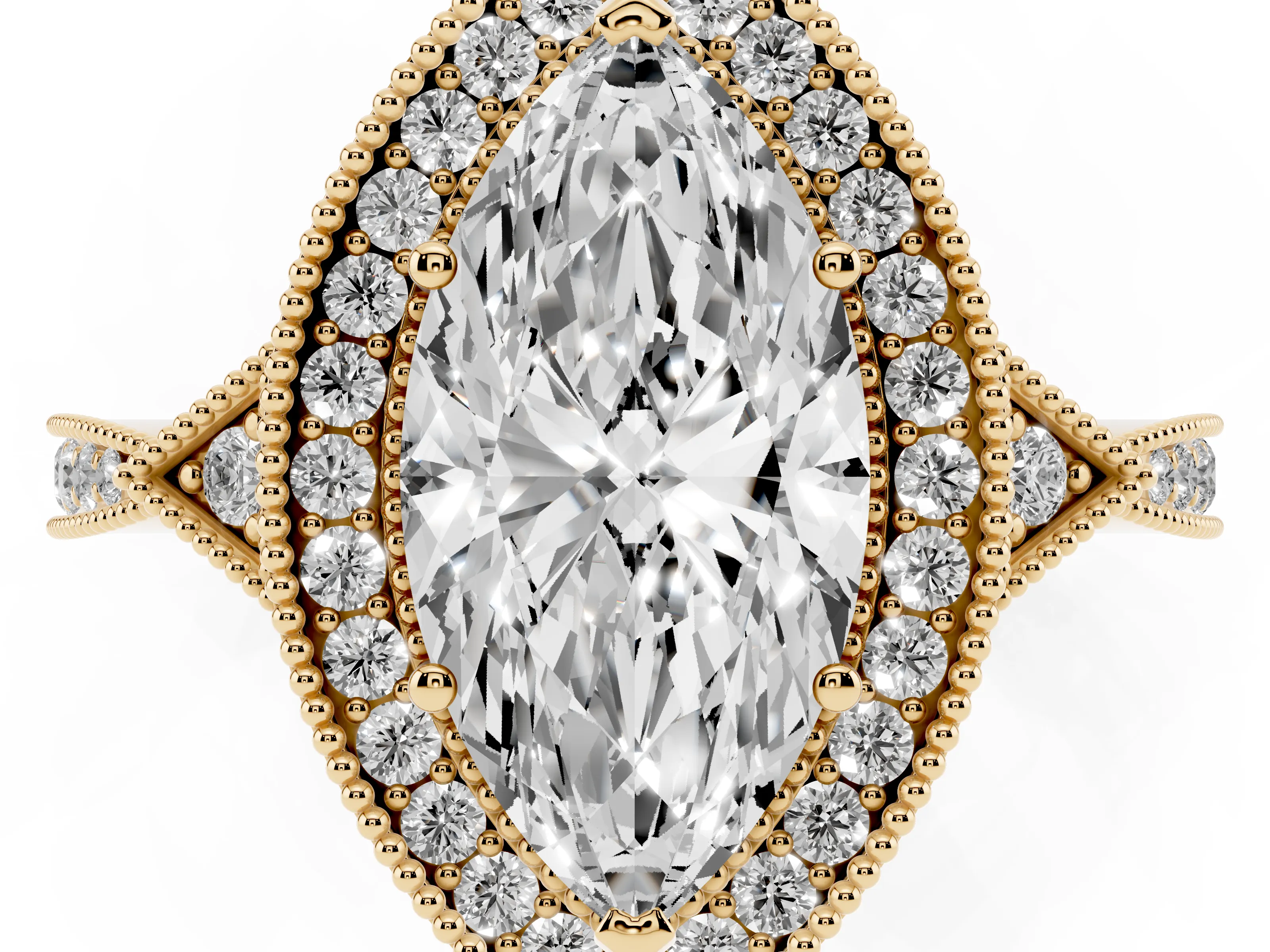 Marquise Cut Diamond Halo Engagement Ring Set in Yellow gold with Milgrain Pavé Band