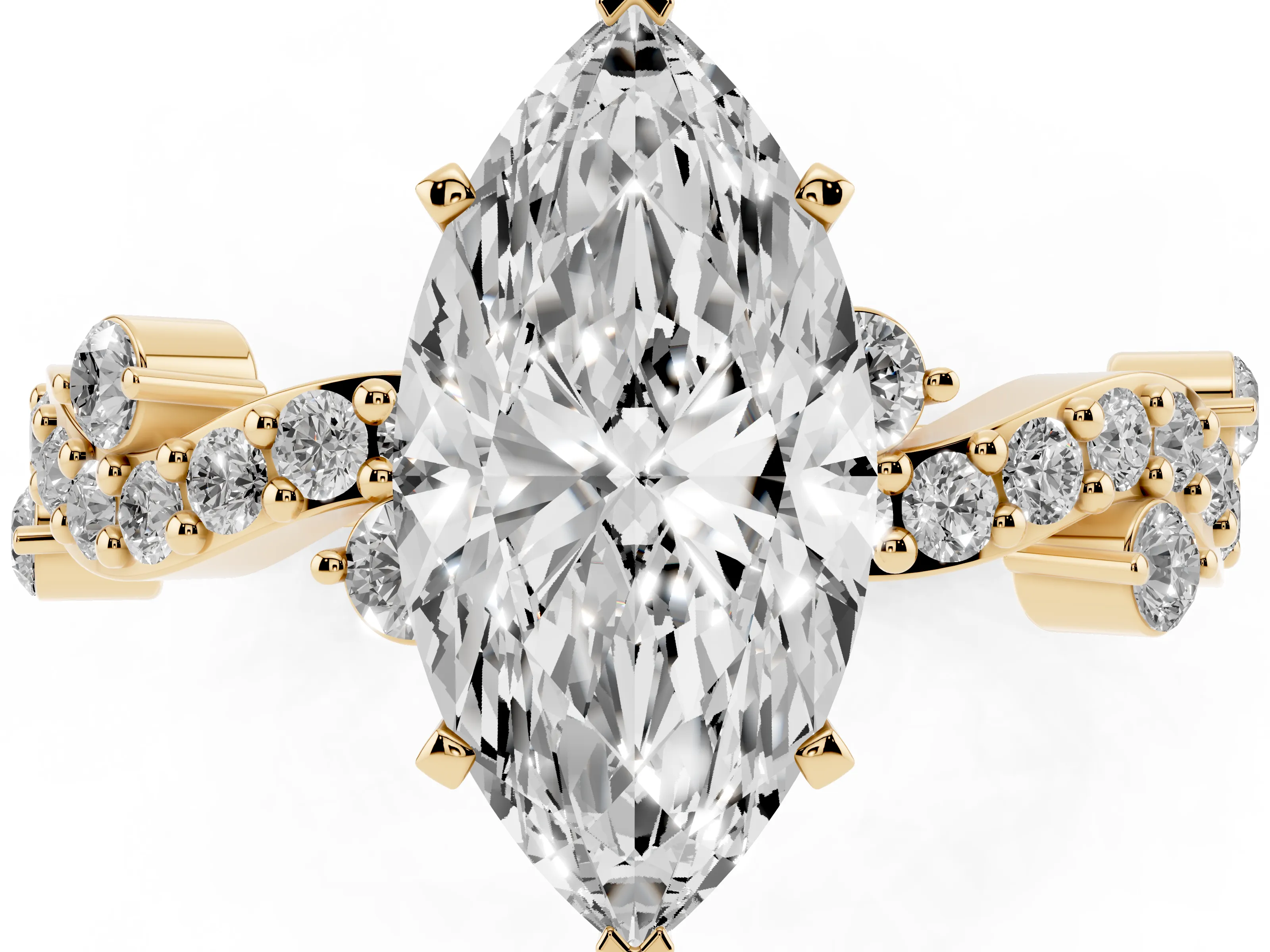 Marquise Cut Diamond Solitaire Twisted Band Set in Yellow gold with Pavé Setting