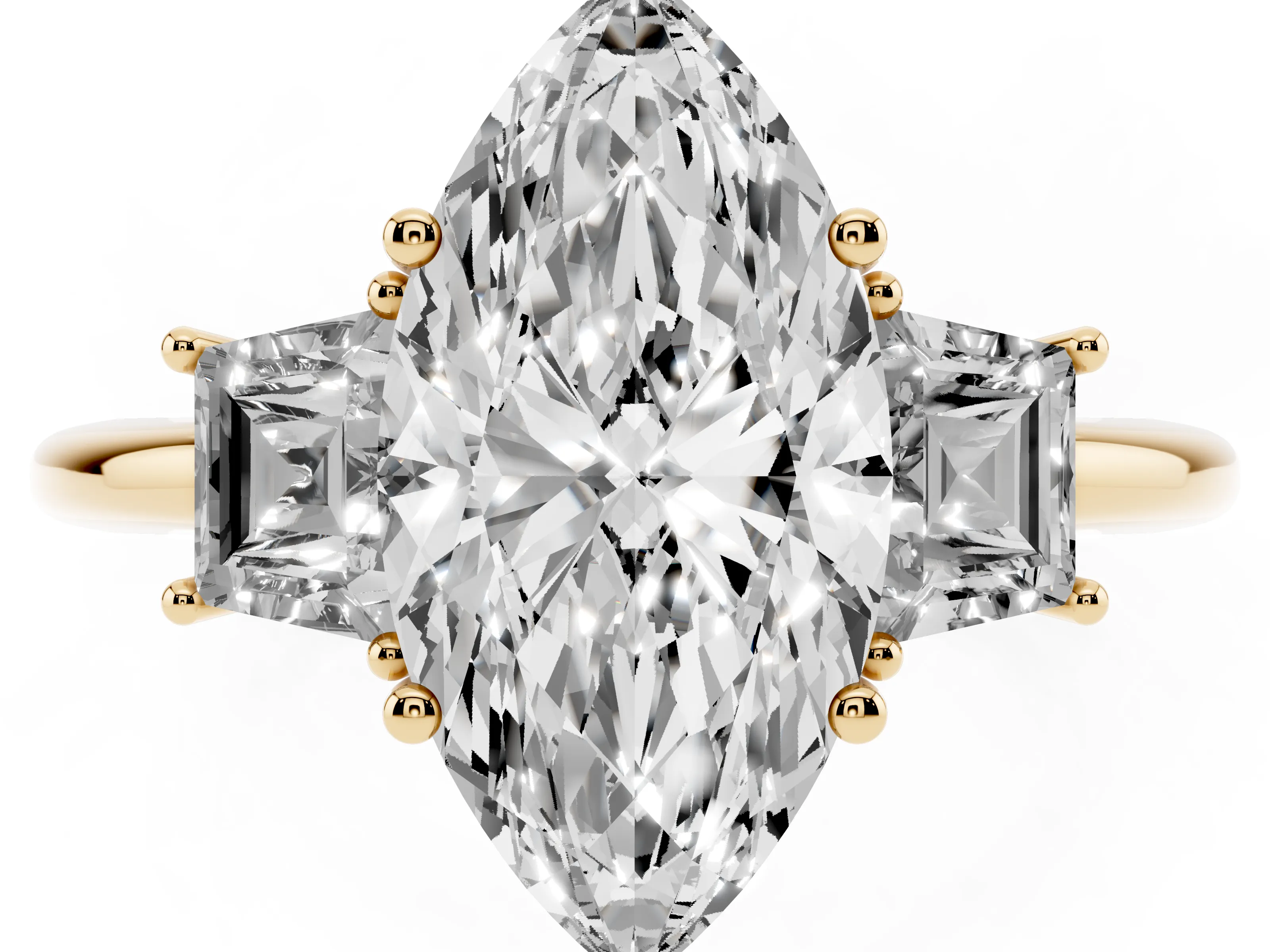 Marquise Cut Diamond Three-Stone Ring Set in Yellow gold with Trapezoid Side Stones and Prong Setting