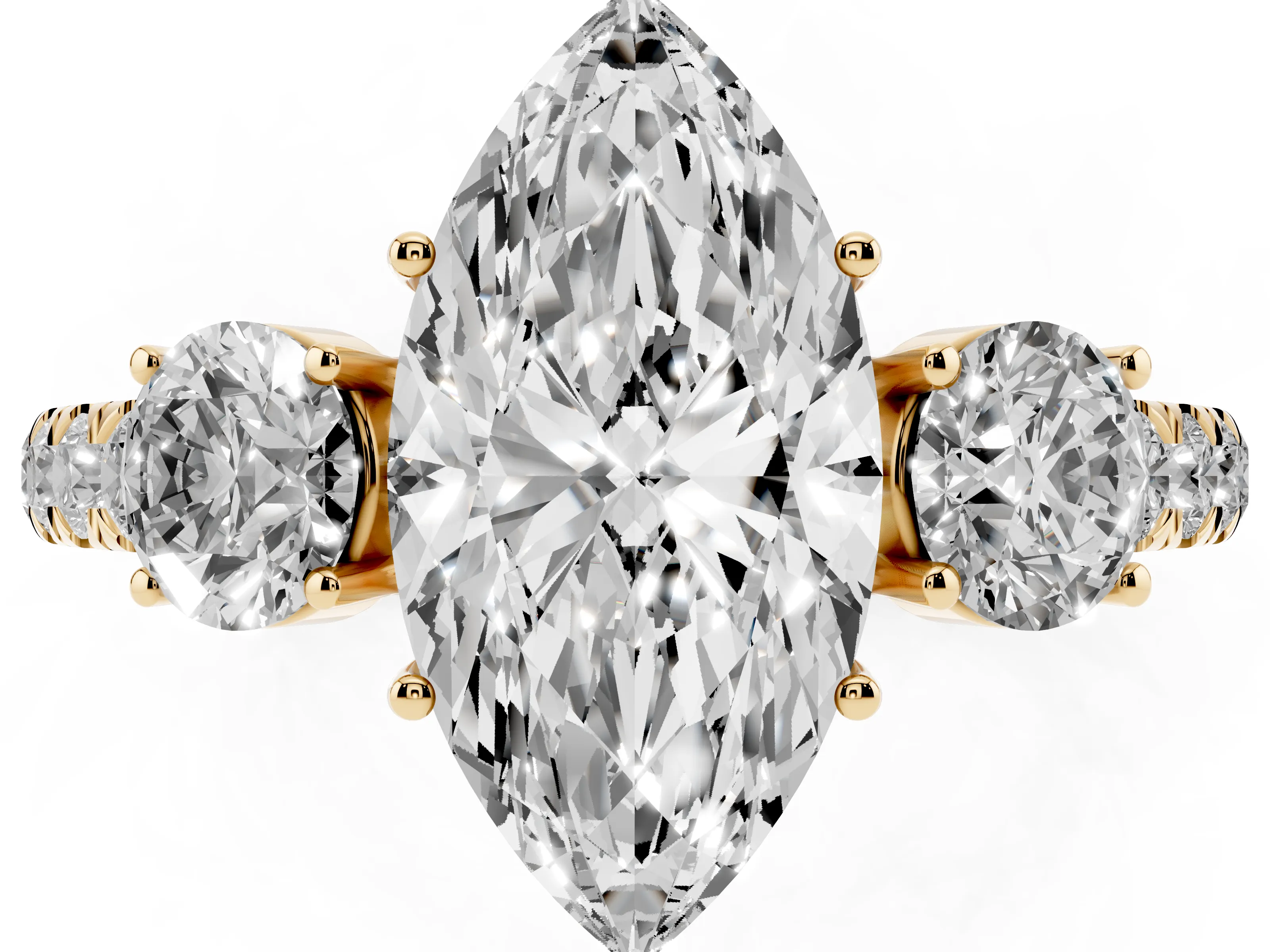 Marquise Cut Diamond Three-Stone Ring Set in Yellow gold with Round Side Stones and Delicate Pavé Band
