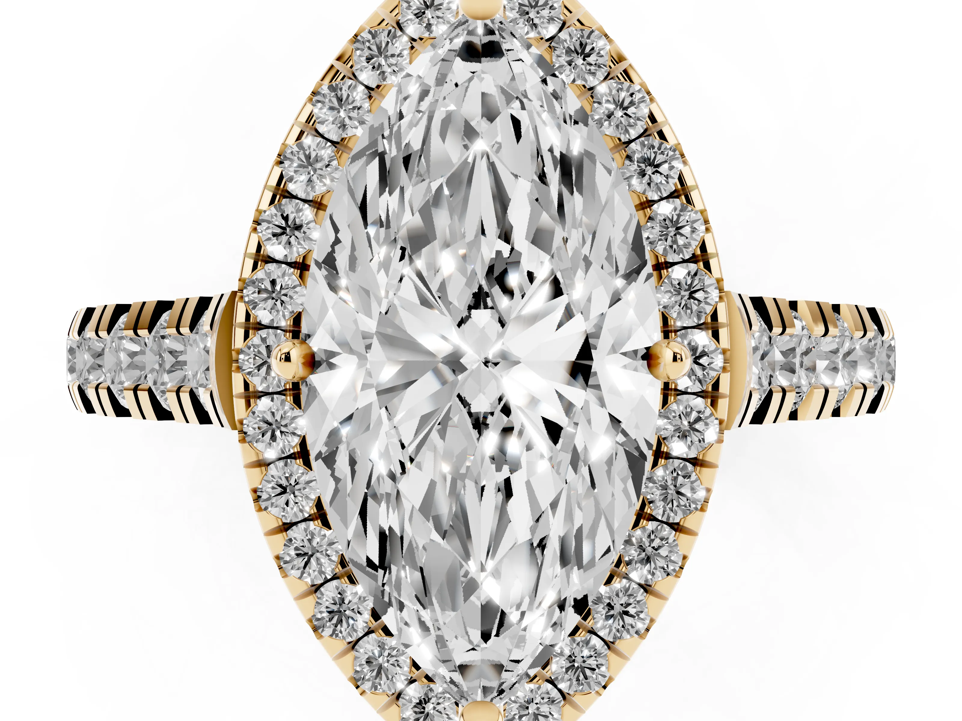 Marquise Cut Diamond Halo Engagement Ring Set in Yellow gold with Pavé Band and Prong-Set Center