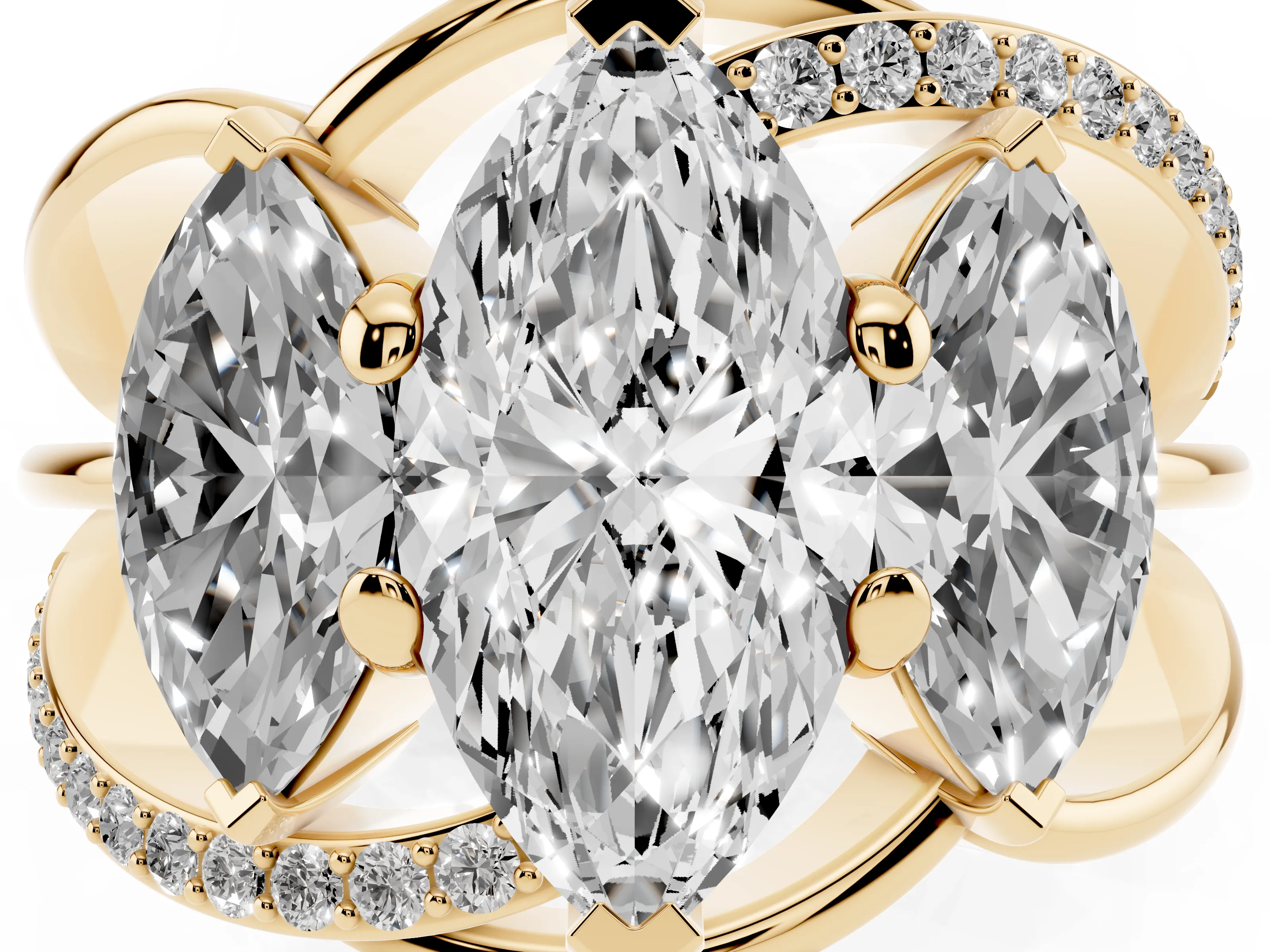 Marquise Cut Diamond Three-Stone Ring Set in Yellow gold with Split Shank and Prong Setting