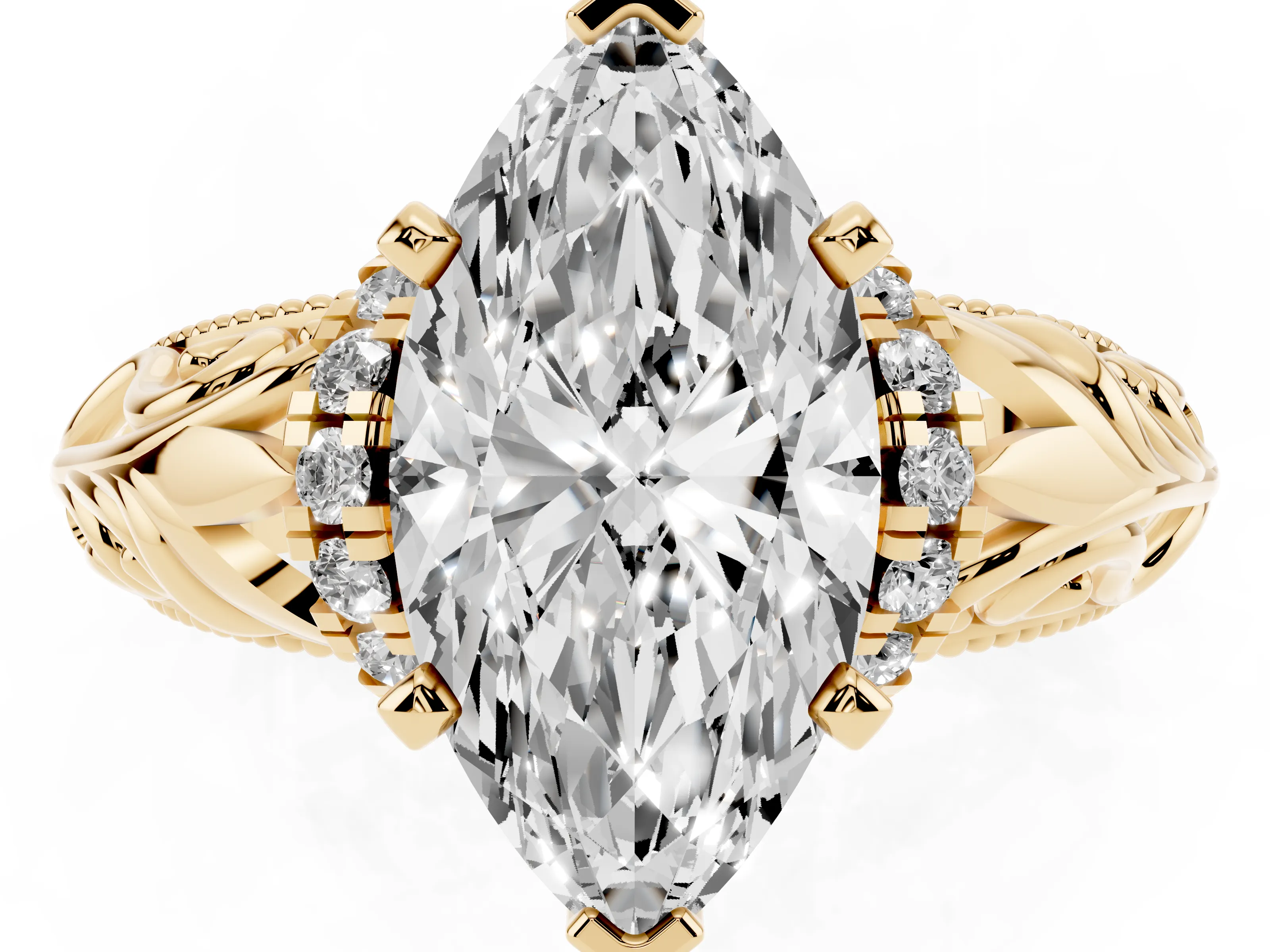 Marquise Cut Diamond Filigree Halo Engagement Ring Set in Yellow gold with Prong Setting