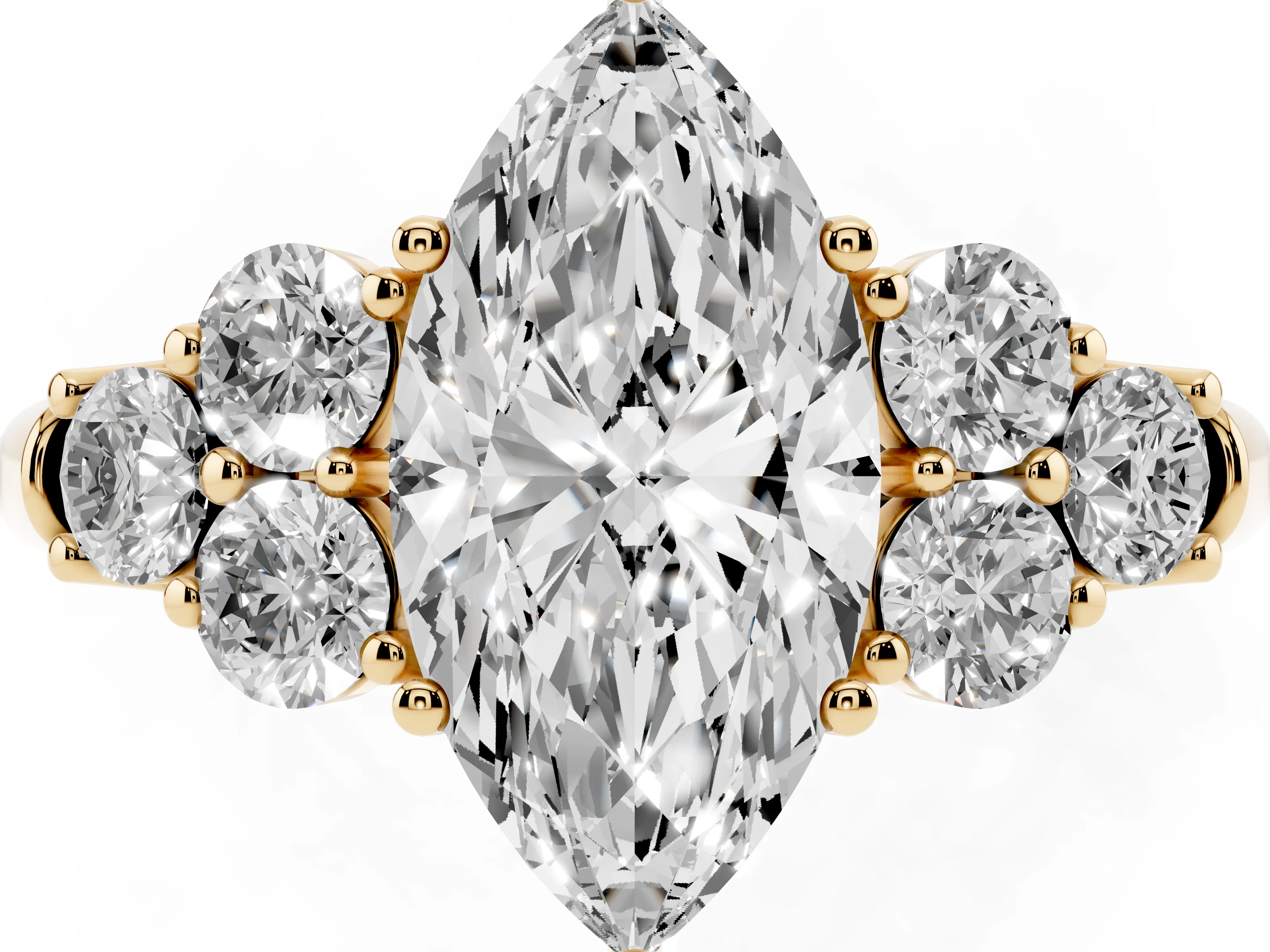 Marquise Cut Diamond Cluster Ring Set in Yellow gold with Round Accent Stones and Prong Setting on a Plain Band