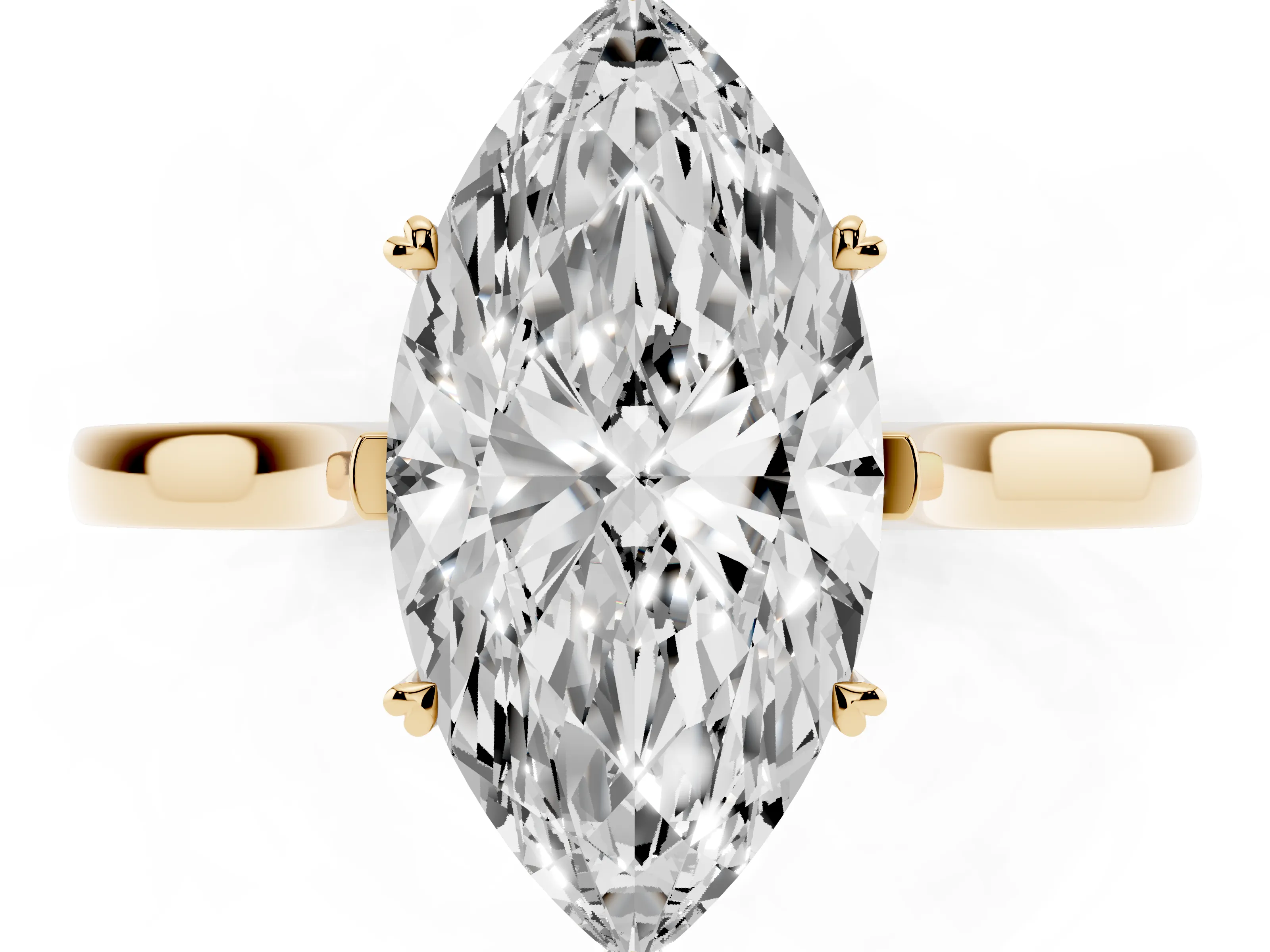 Marquise Cut Diamond Solitaire Heart Prong Engagement Ring Set in Yellow gold with Tapered Band