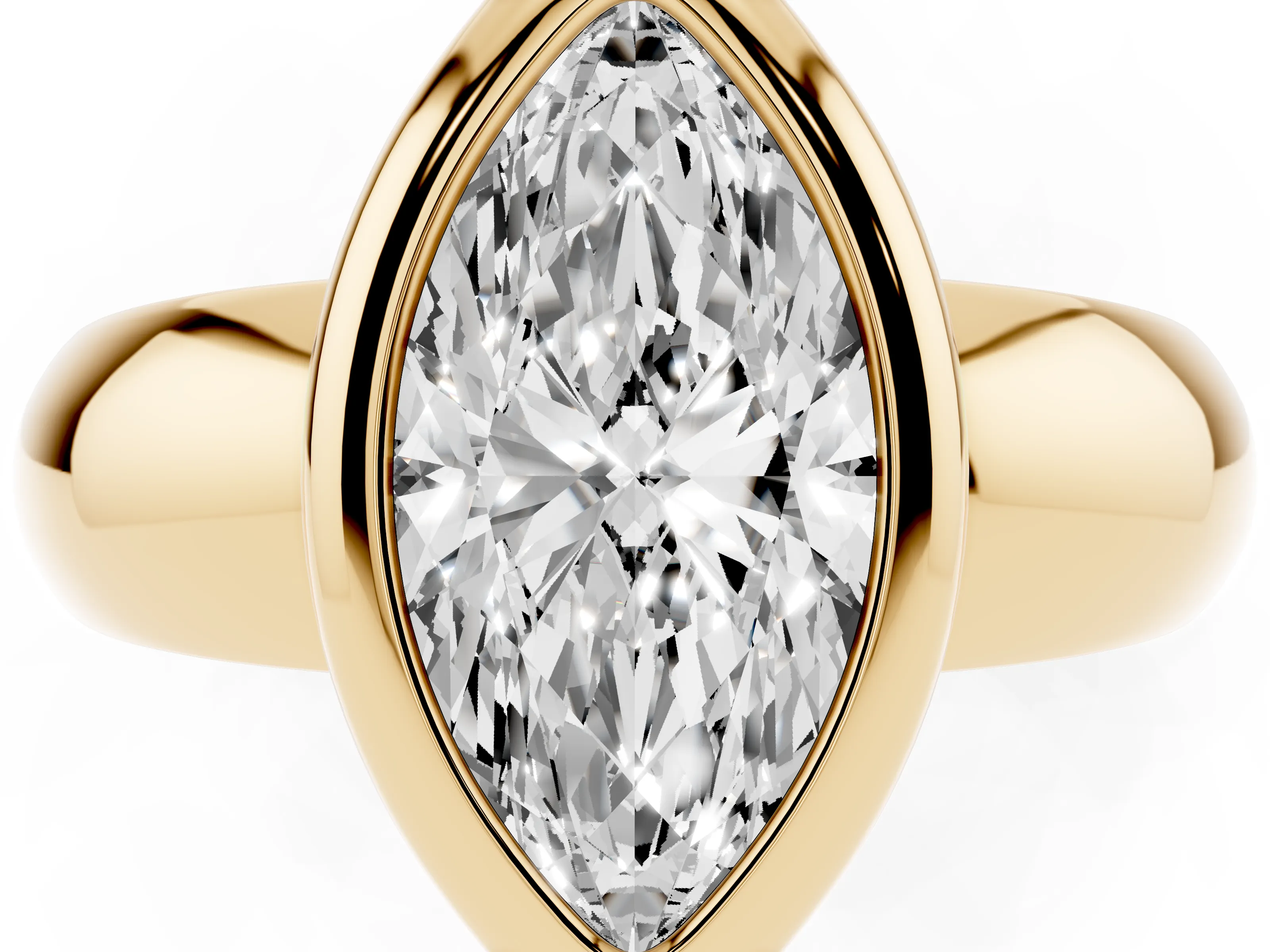 Bezel Set Marquise Cut Diamond Solitaire Ring Set in Yellow gold with Wide Band