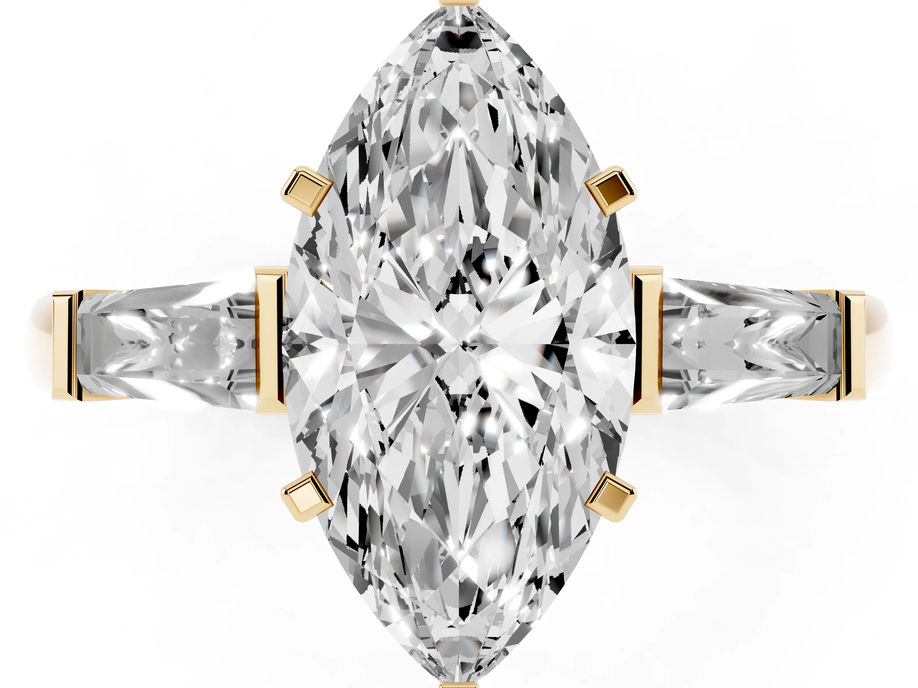 Marquise Cut Diamond Solitaire Ring Set in Yellow gold with Tapered Baguette Side Stones and Prong Setting