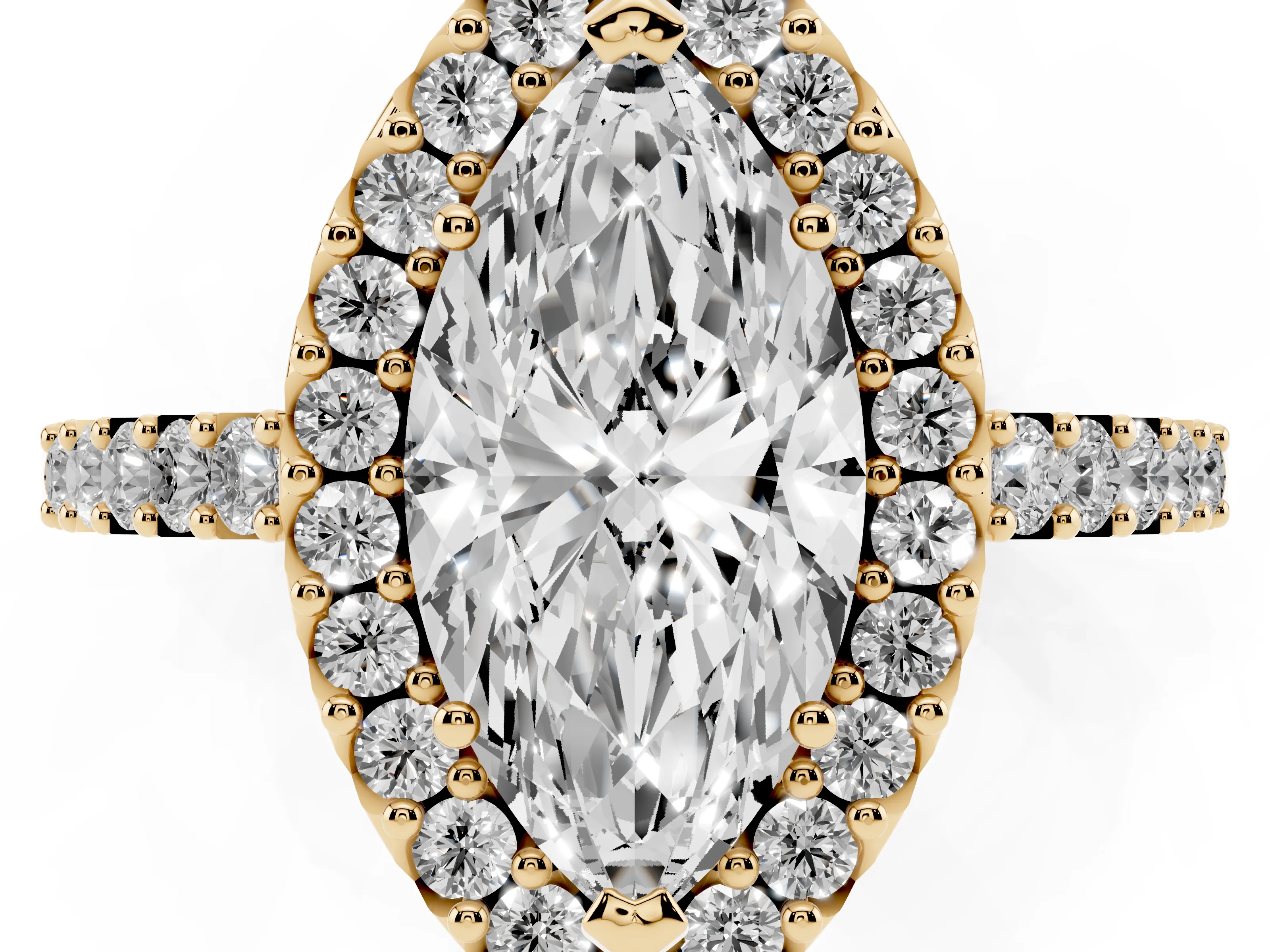 Marquise Cut Diamond Halo Pavé Solitaire Ring Set in Yellow gold with Prong-Set Center Stone