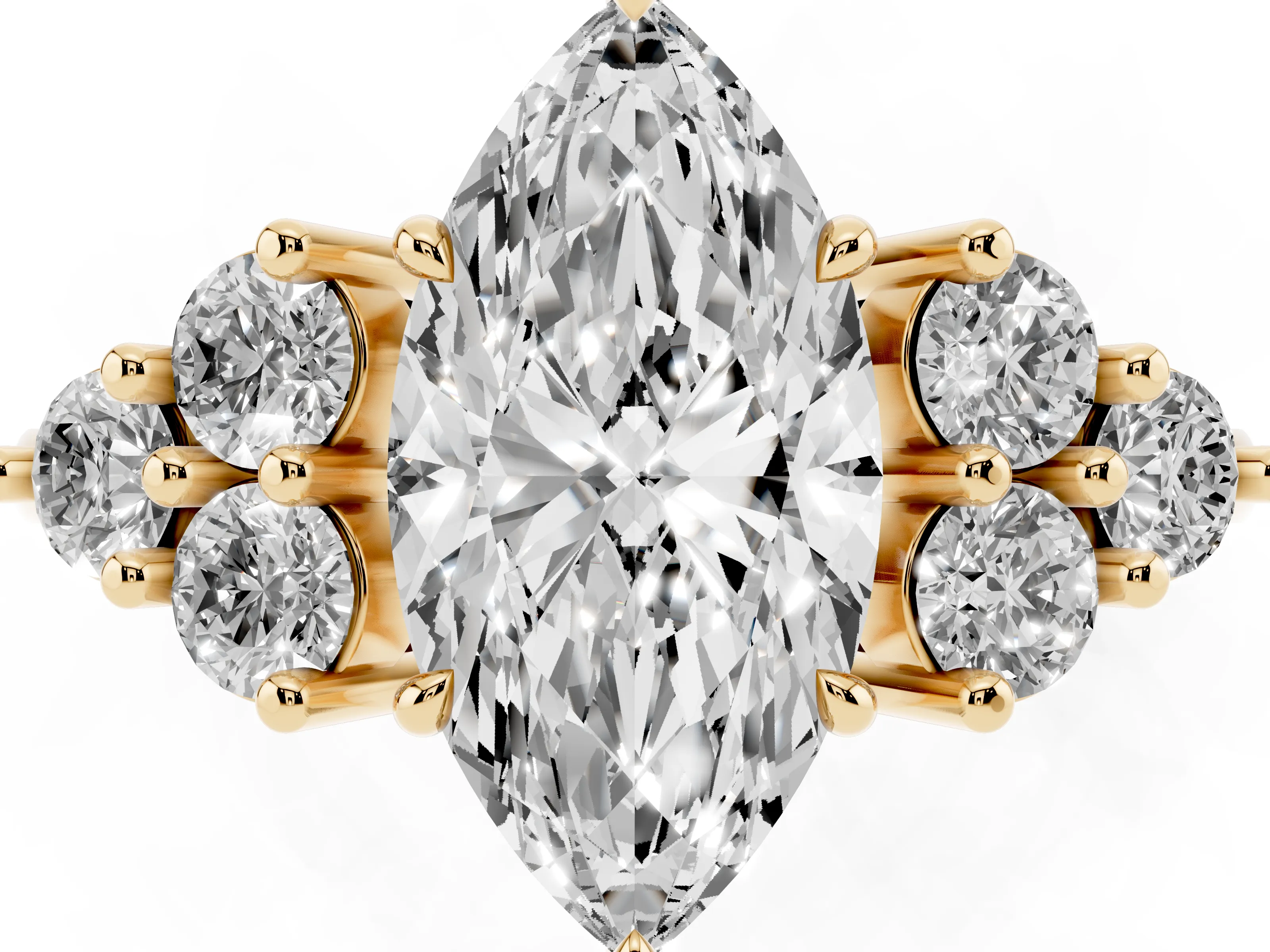 Marquise Cut Diamond Solitaire Ring Set in Yellow gold with Cluster Accents on Each Side