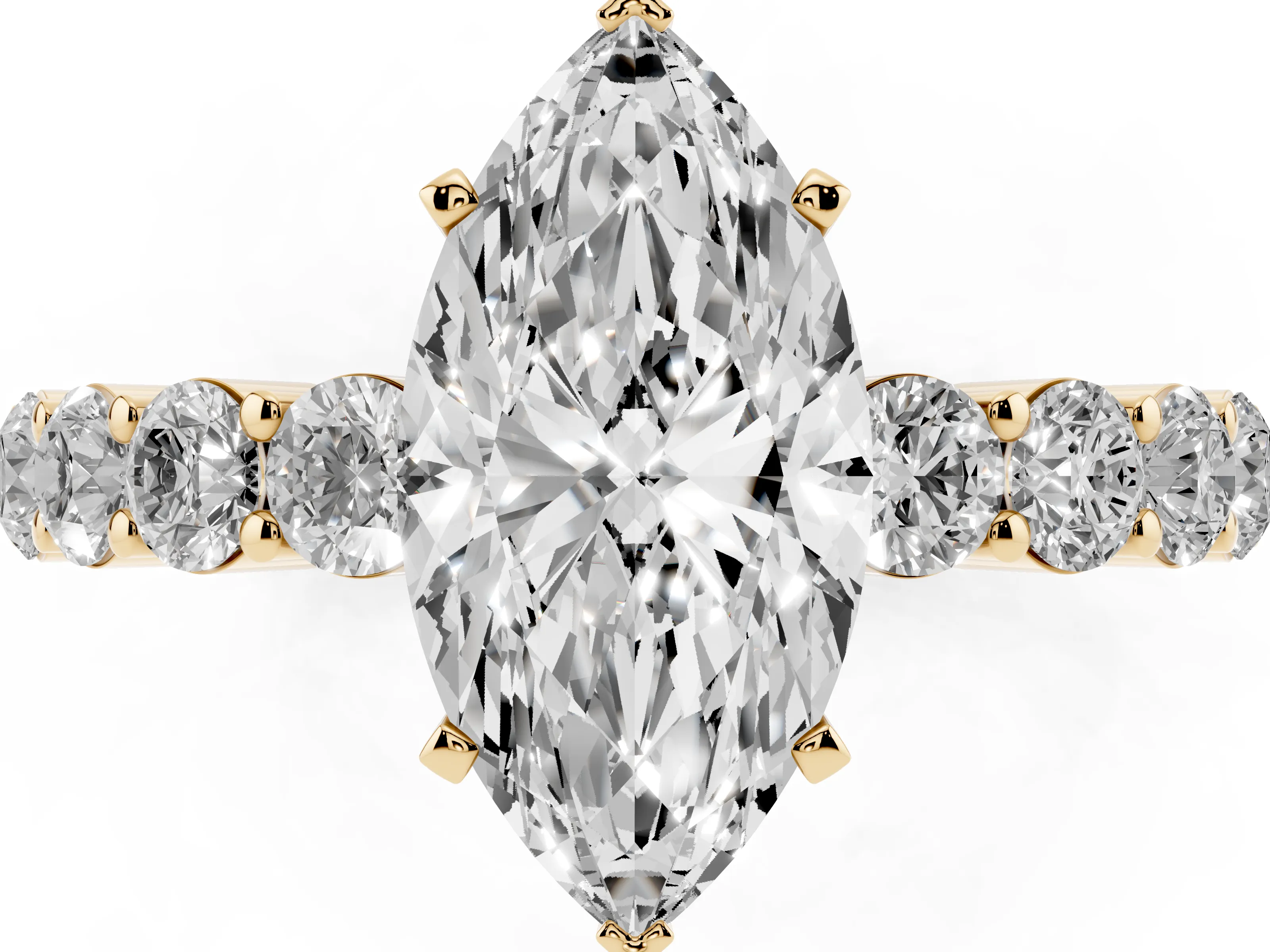 Marquise Cut Diamond Solitaire Ring Set in Yellow gold with Shared Prong Round Side Stones