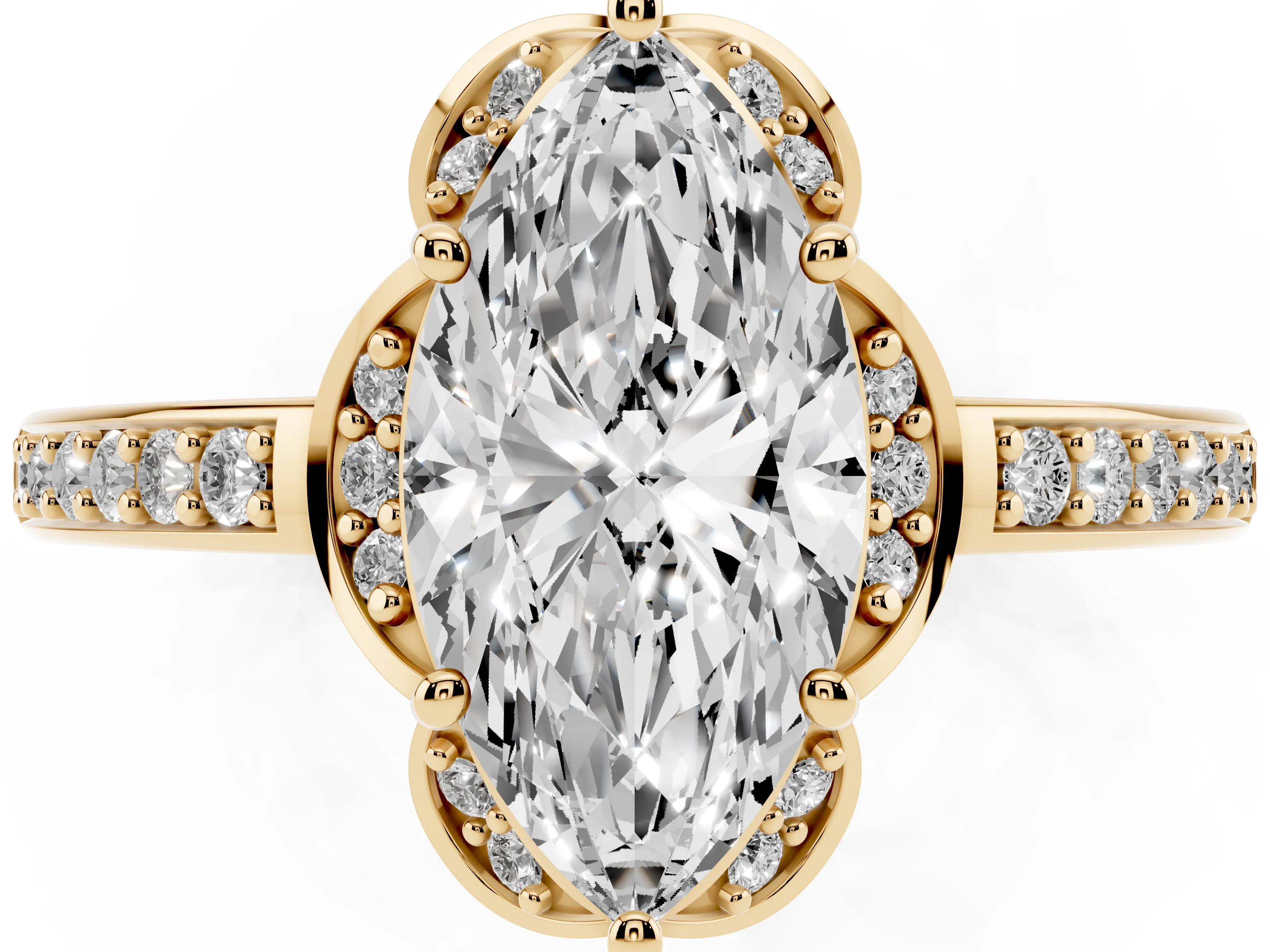 Marquise Cut Diamond Halo Ring Set in Yellow gold with Channel Set Band and Prong Setting