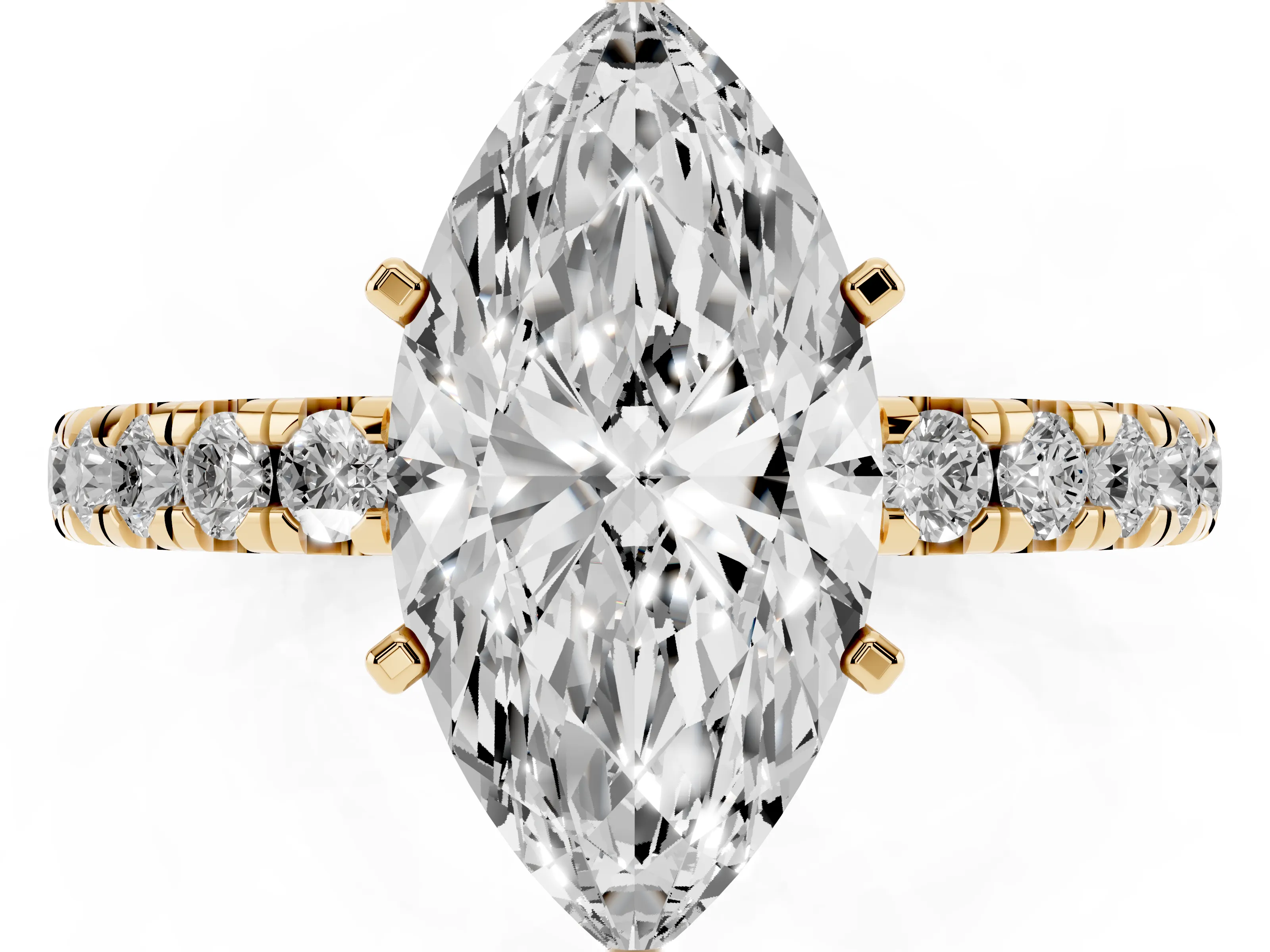 Marquise Cut Diamond Pavé Solitaire Ring Set in Yellow gold with Round Band and Prong Setting