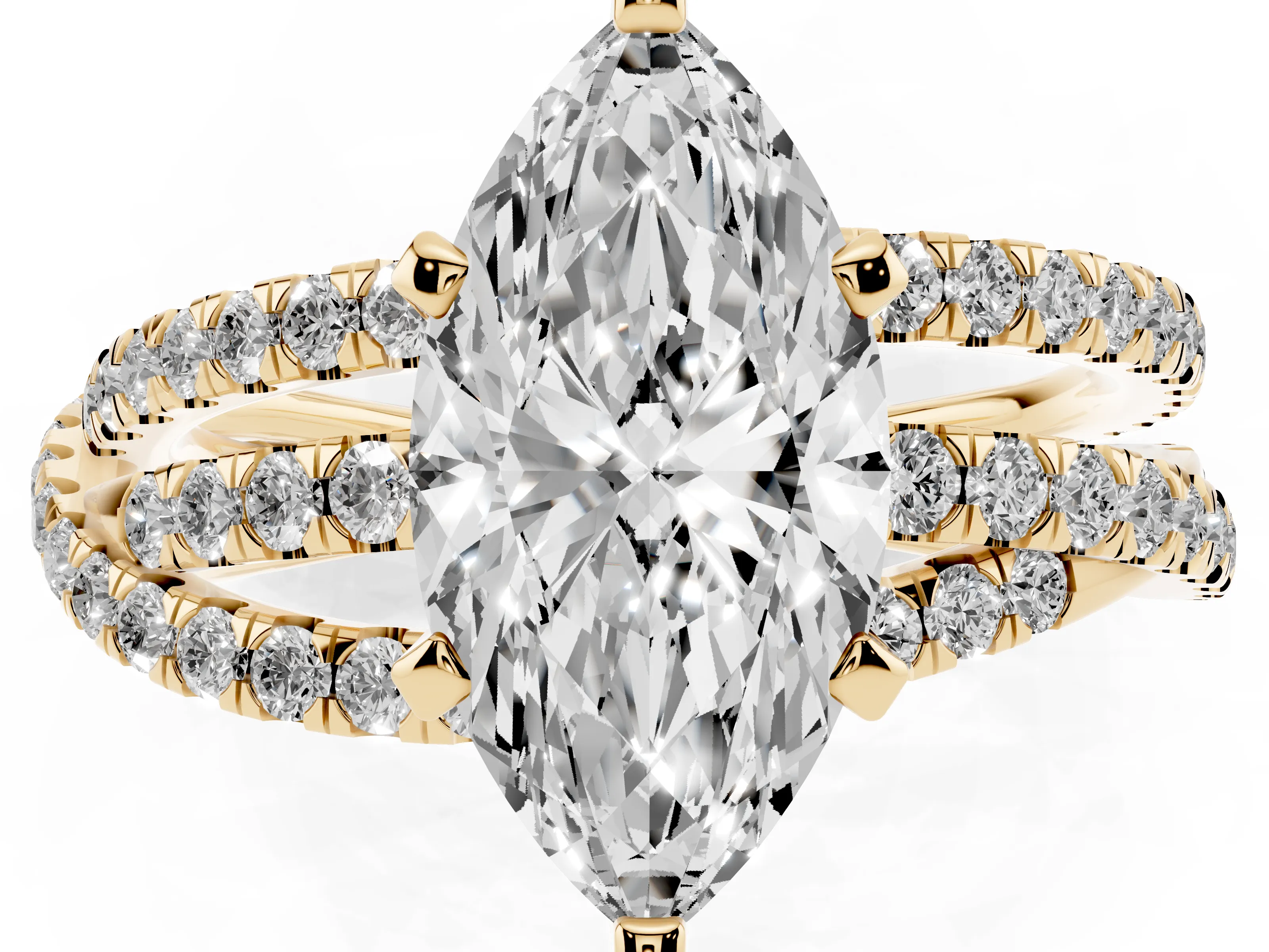 Marquise Cut Diamond Solitaire Twist Band Ring Set in Yellow gold with Pavé Setting and Prong Head