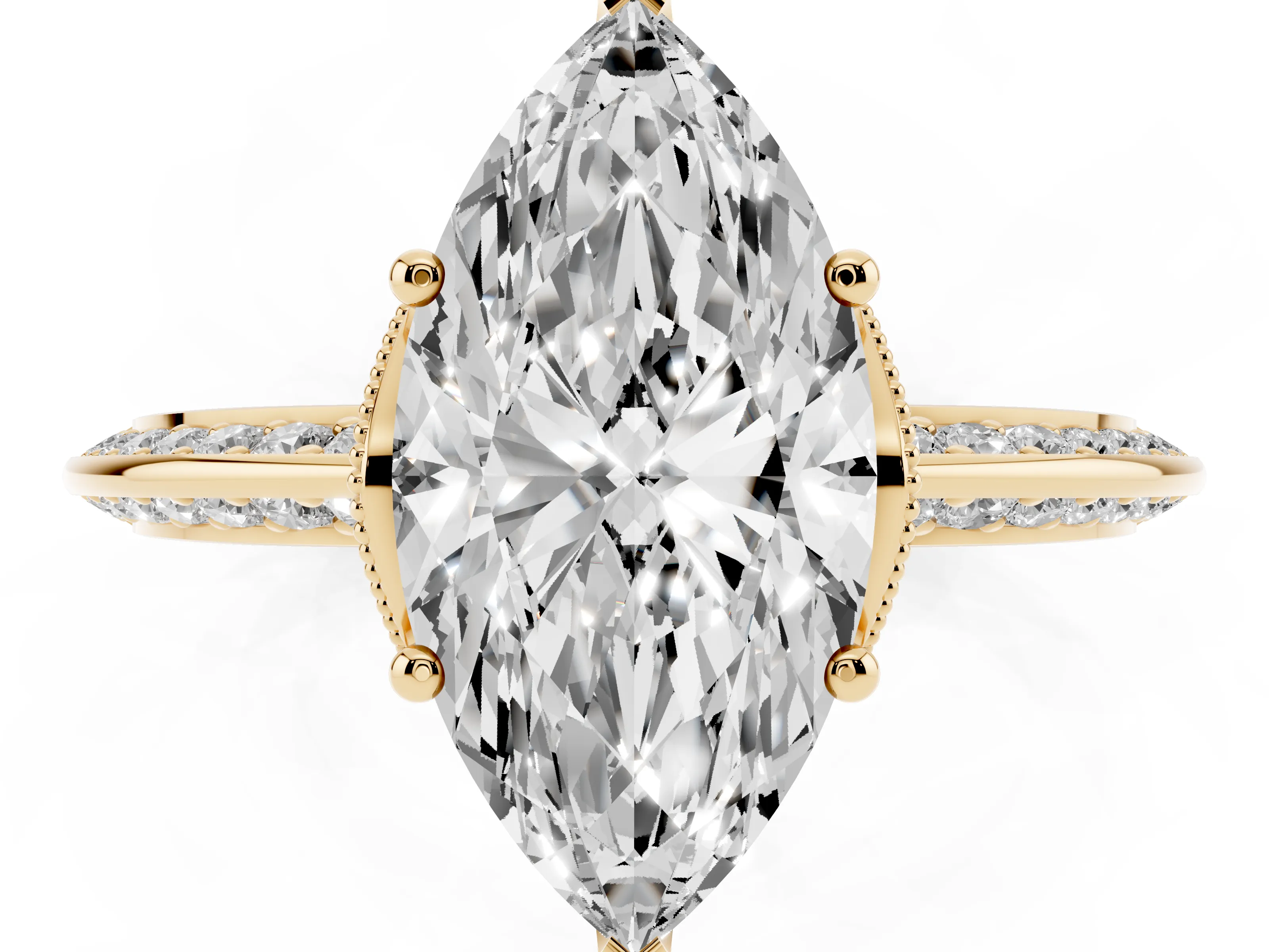Marquise Cut Diamond Solitaire Engagement Ring Set in Yellow gold with Pavé Split Shank and Prong Setting