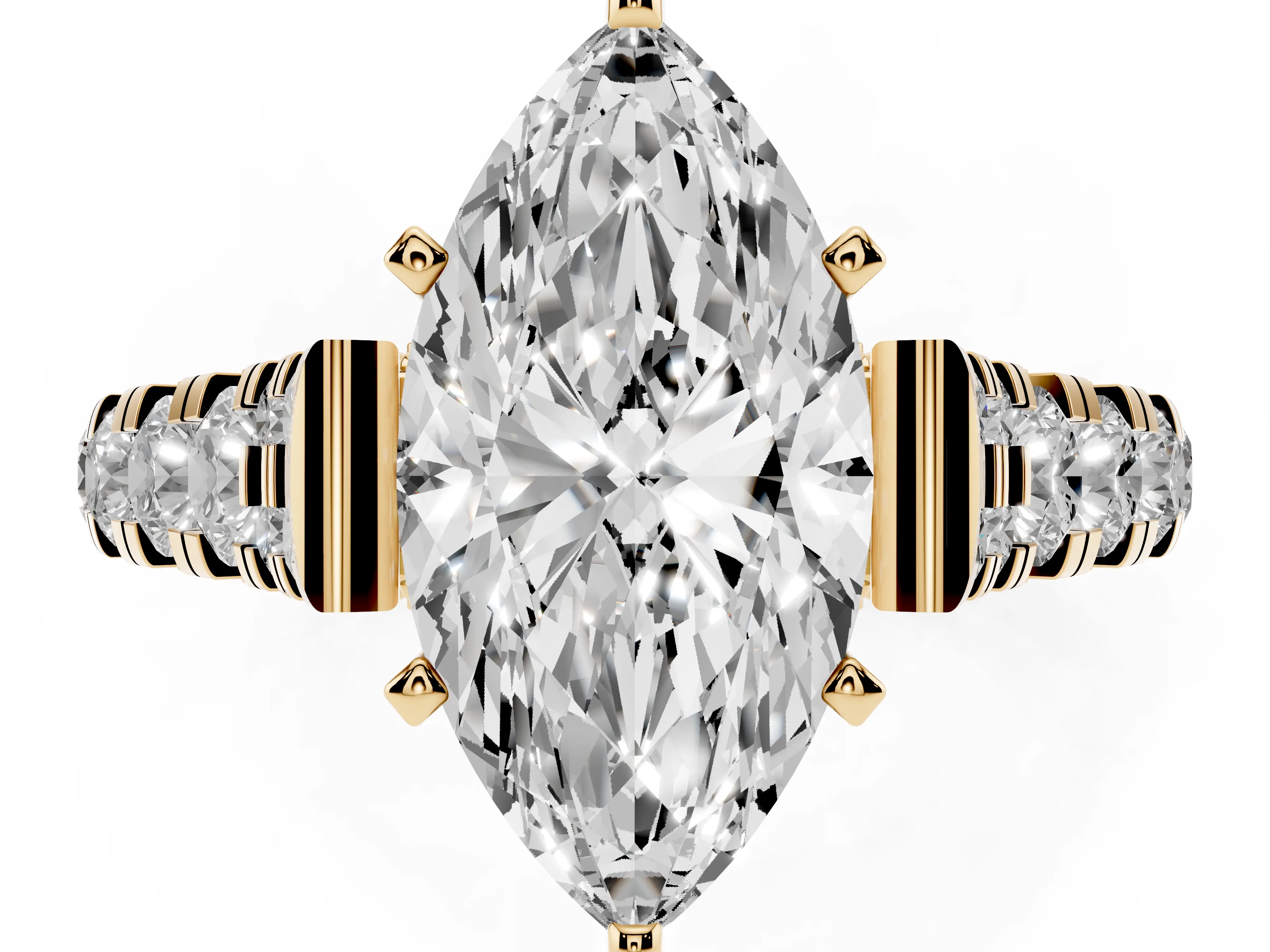 Marquise Cut Diamond Classic Solitaire Ring Set in Yellow gold with Pavé Band and Prong Setting