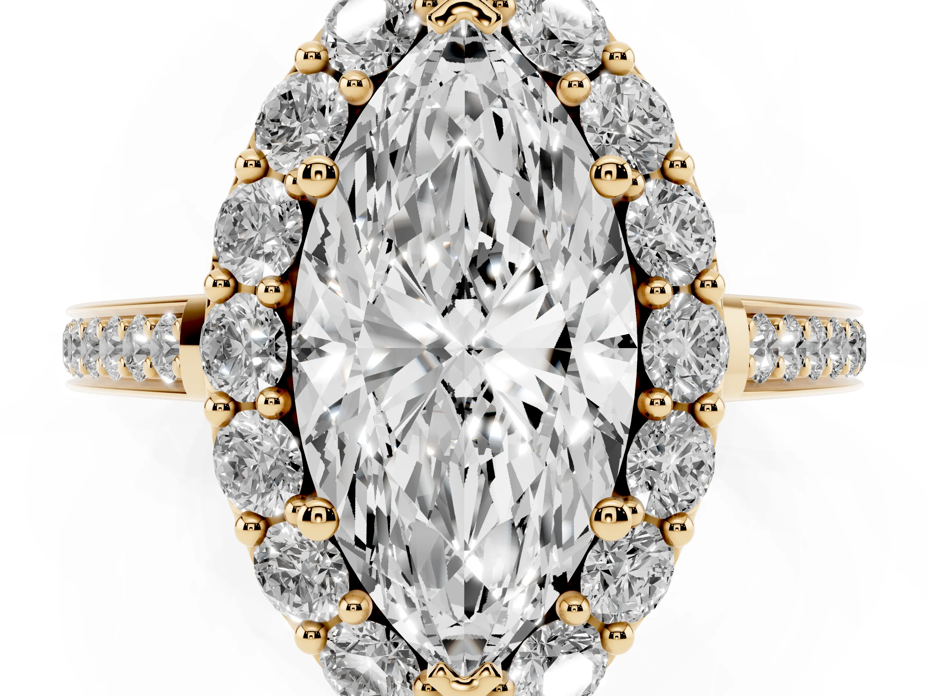 Marquise Cut Diamond Floral Halo Ring Set in Yellow gold with Pavé Band and Prong Setting