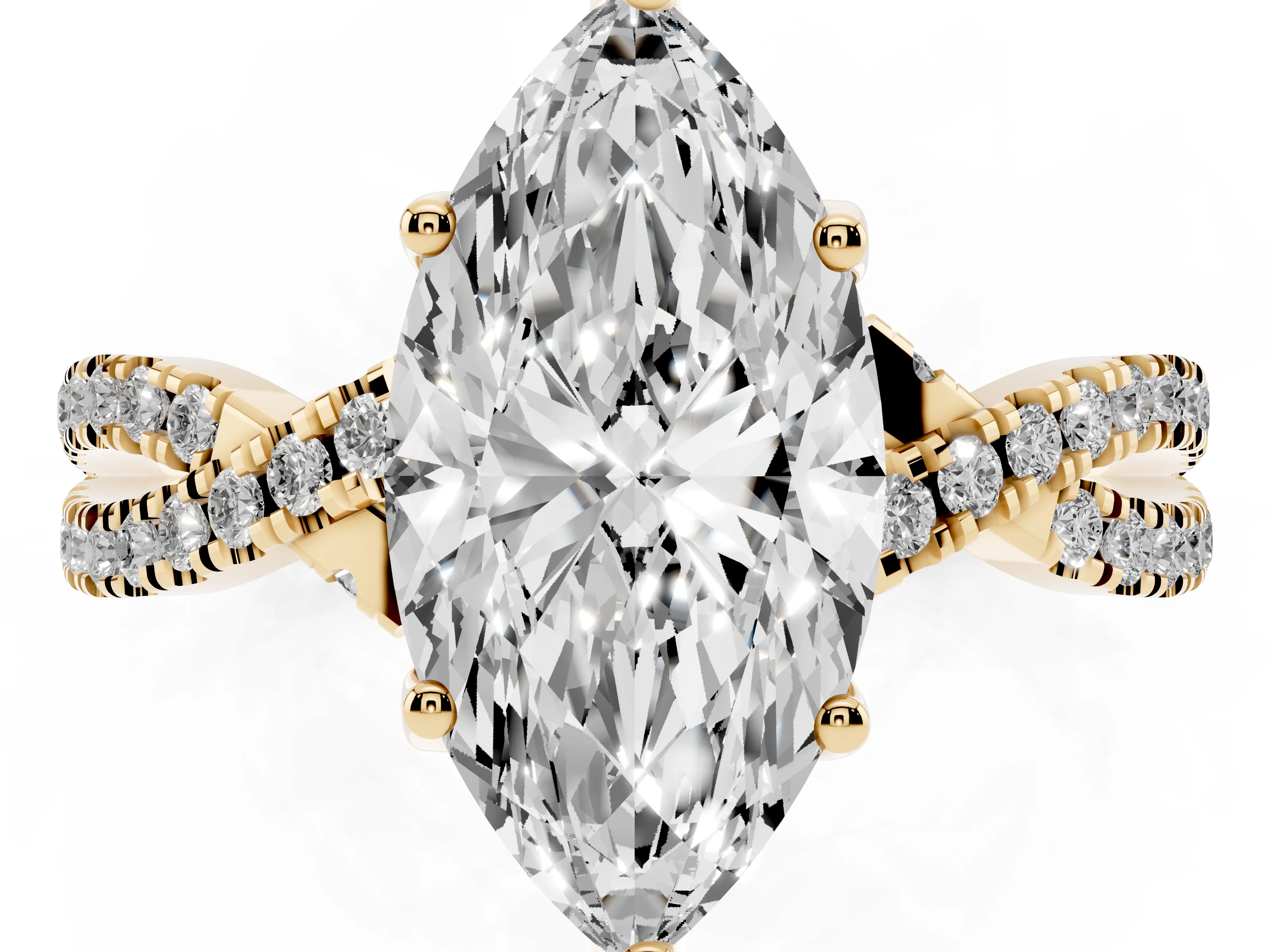 Marquise Cut Diamond Twist Pavé Solitaire Engagement Ring Set in Yellow gold with Prong Setting