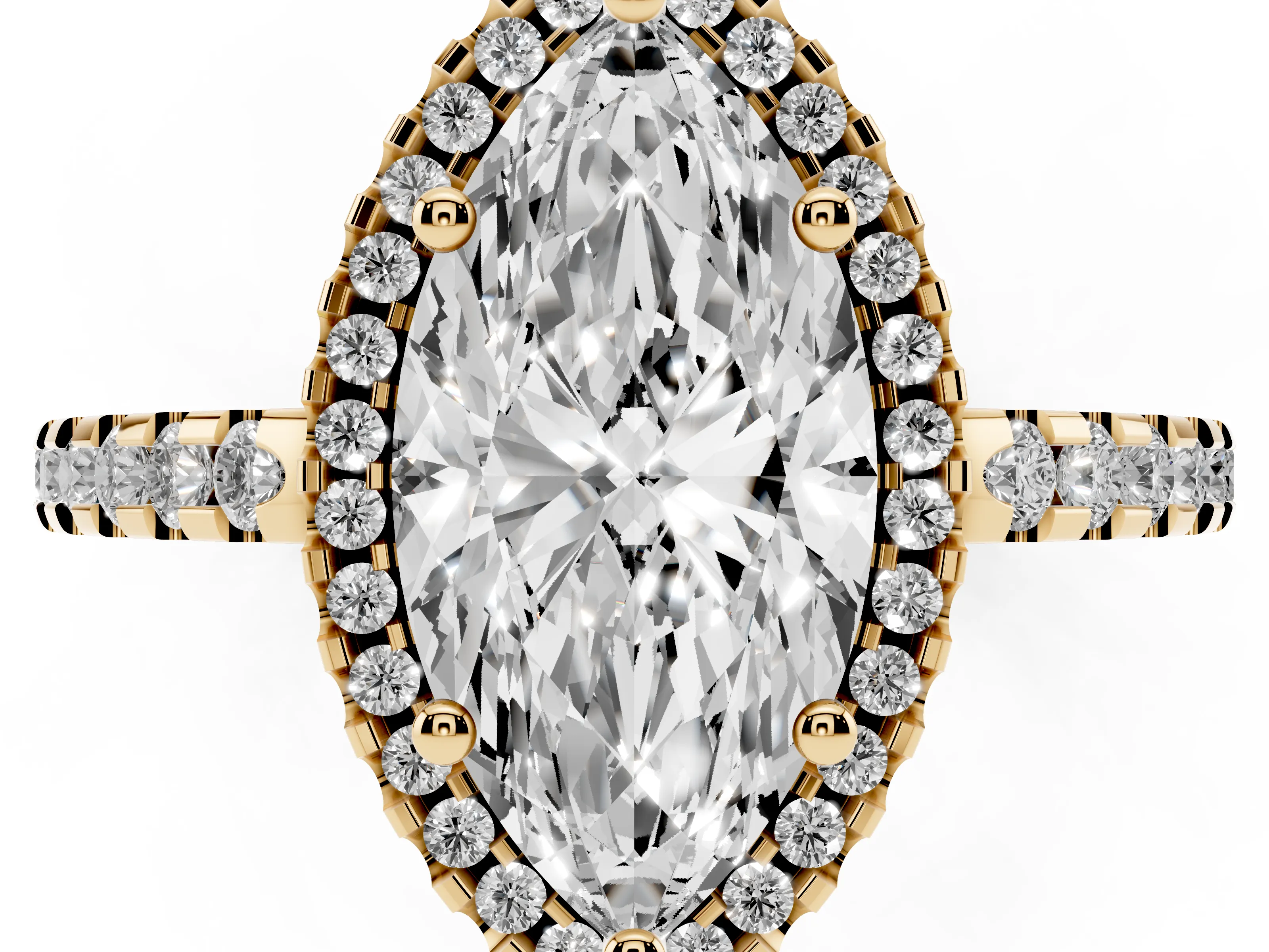 Marquise Cut Diamond Halo Ring Set in Yellow gold with Pavé Shoulders and Halo-Framed Center