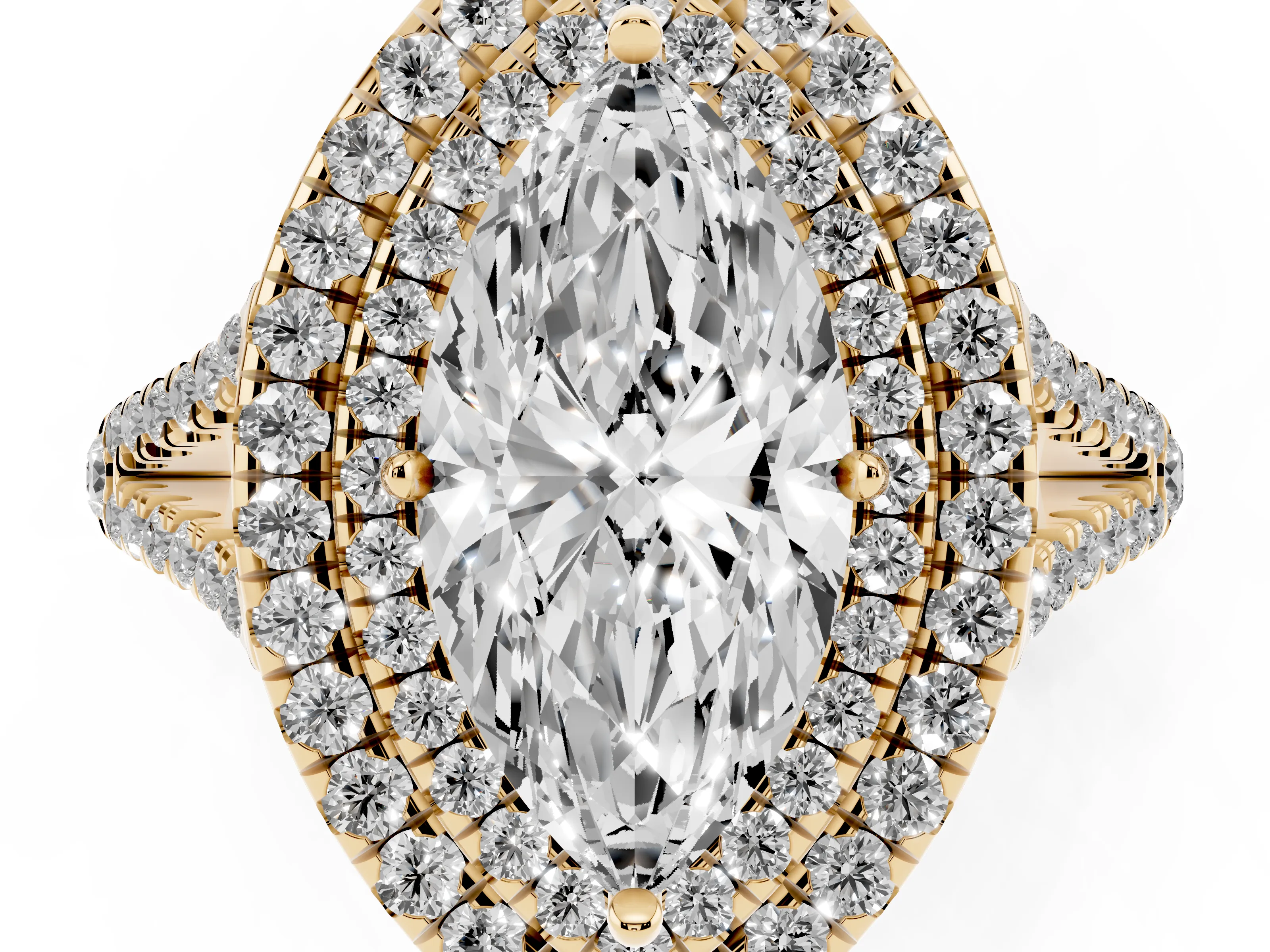 Marquise Cut Diamond Double Halo Ring Set in Yellow gold with Pavé Band