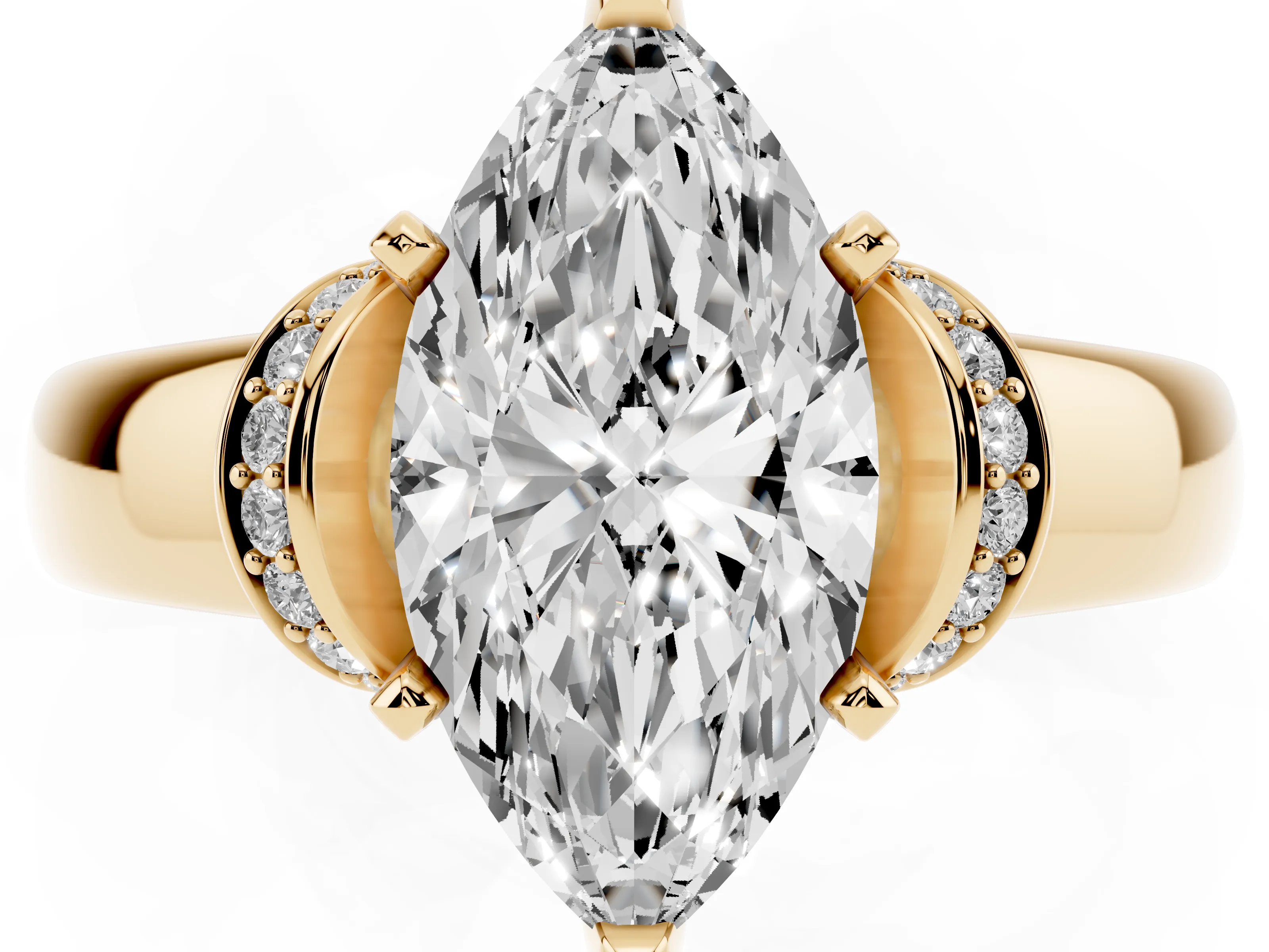 Marquise Cut Diamond Pavé Band Solitaire Ring Set in Yellow gold with Prong Setting