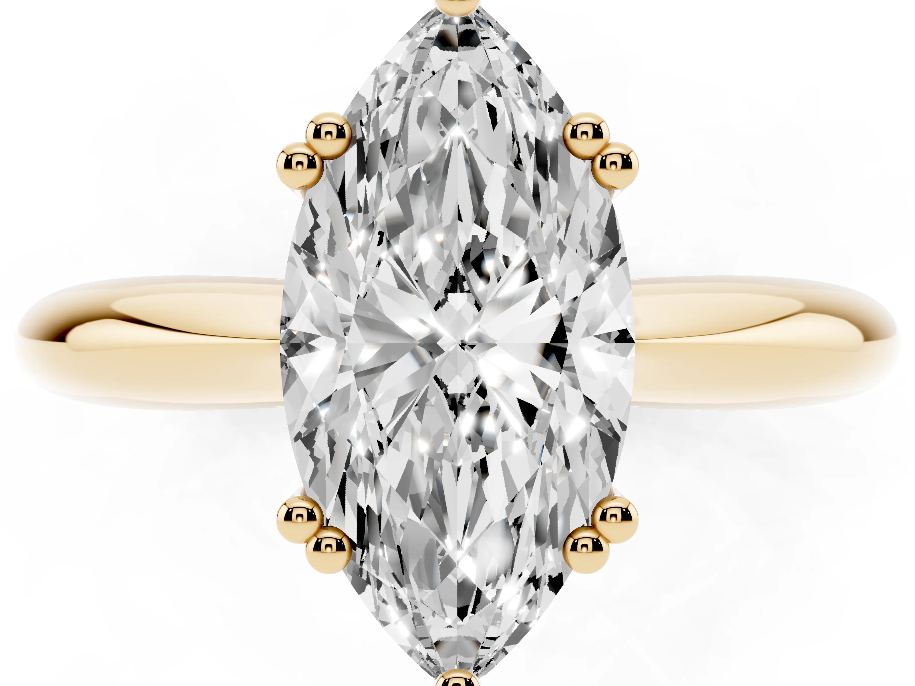 Marquise Cut Diamond Solitaire Engagement Ring Set in Yellow gold with Tapered Band and Prong Setting