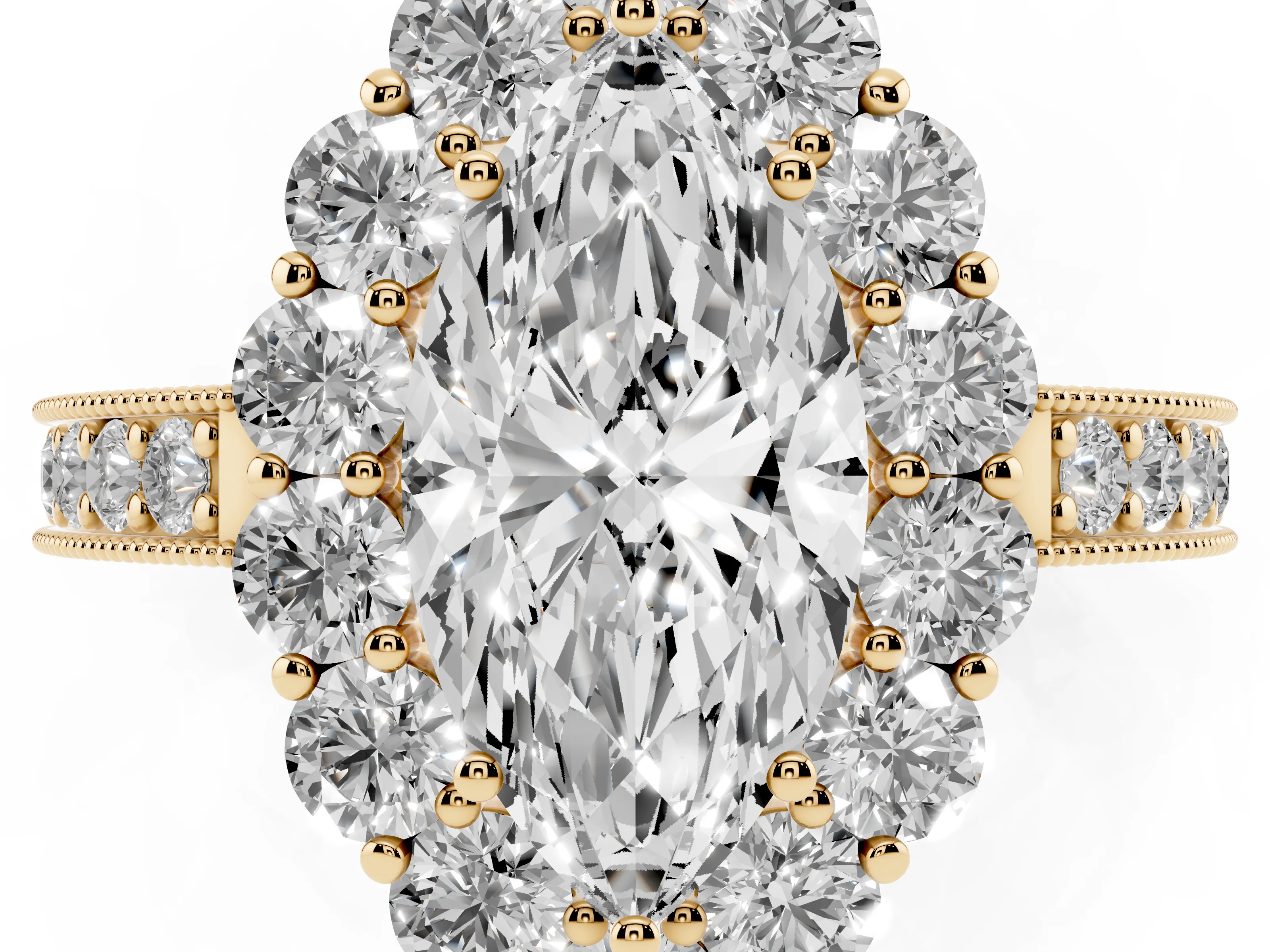 Marquise Cut Diamond Halo Pavé Engagement Ring Set in Yellow gold with Milgrain Detailing