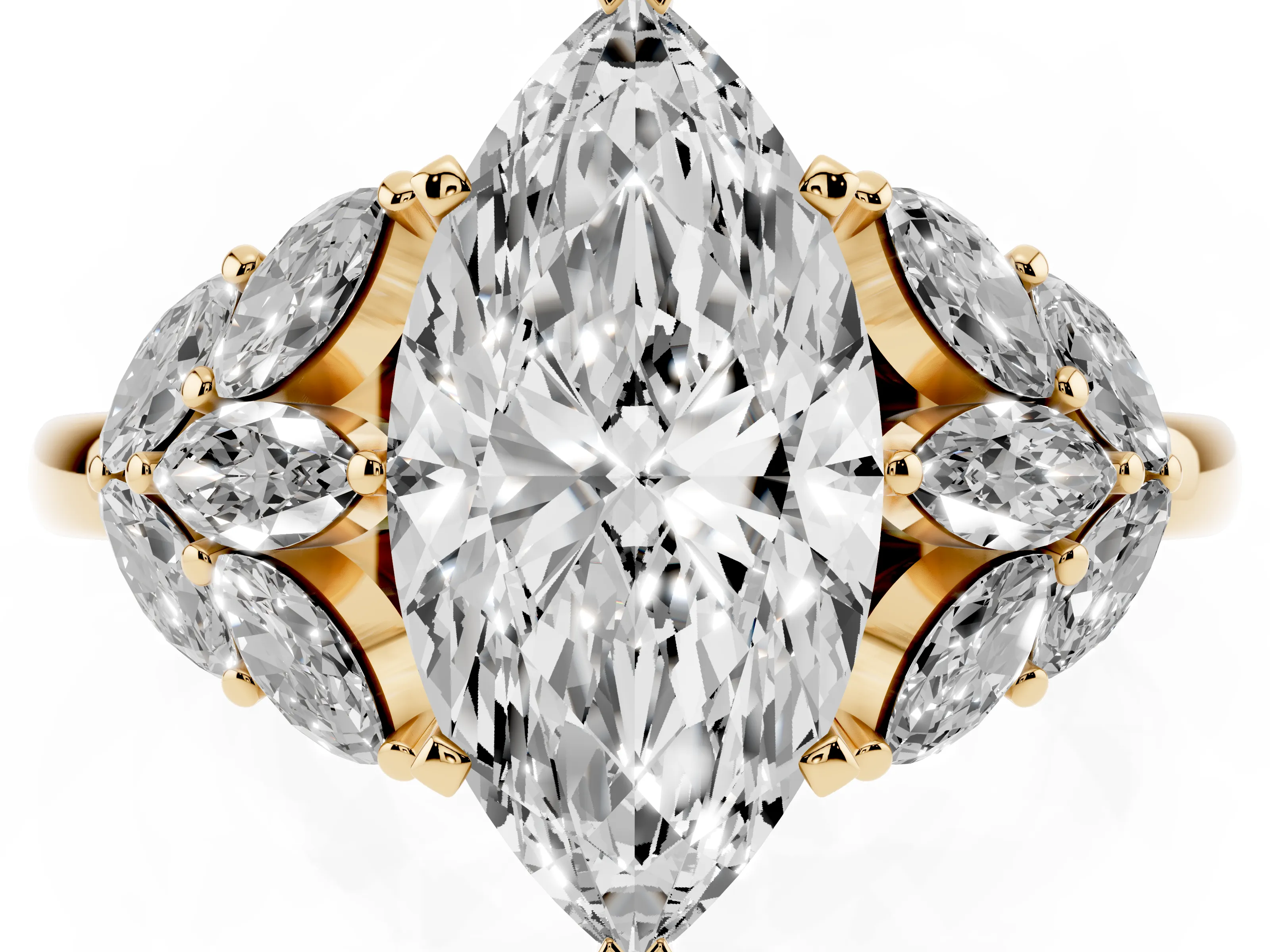 Marquise Cut Diamond Cluster Leaf Design Ring Set in Yellow gold with Prong Setting
