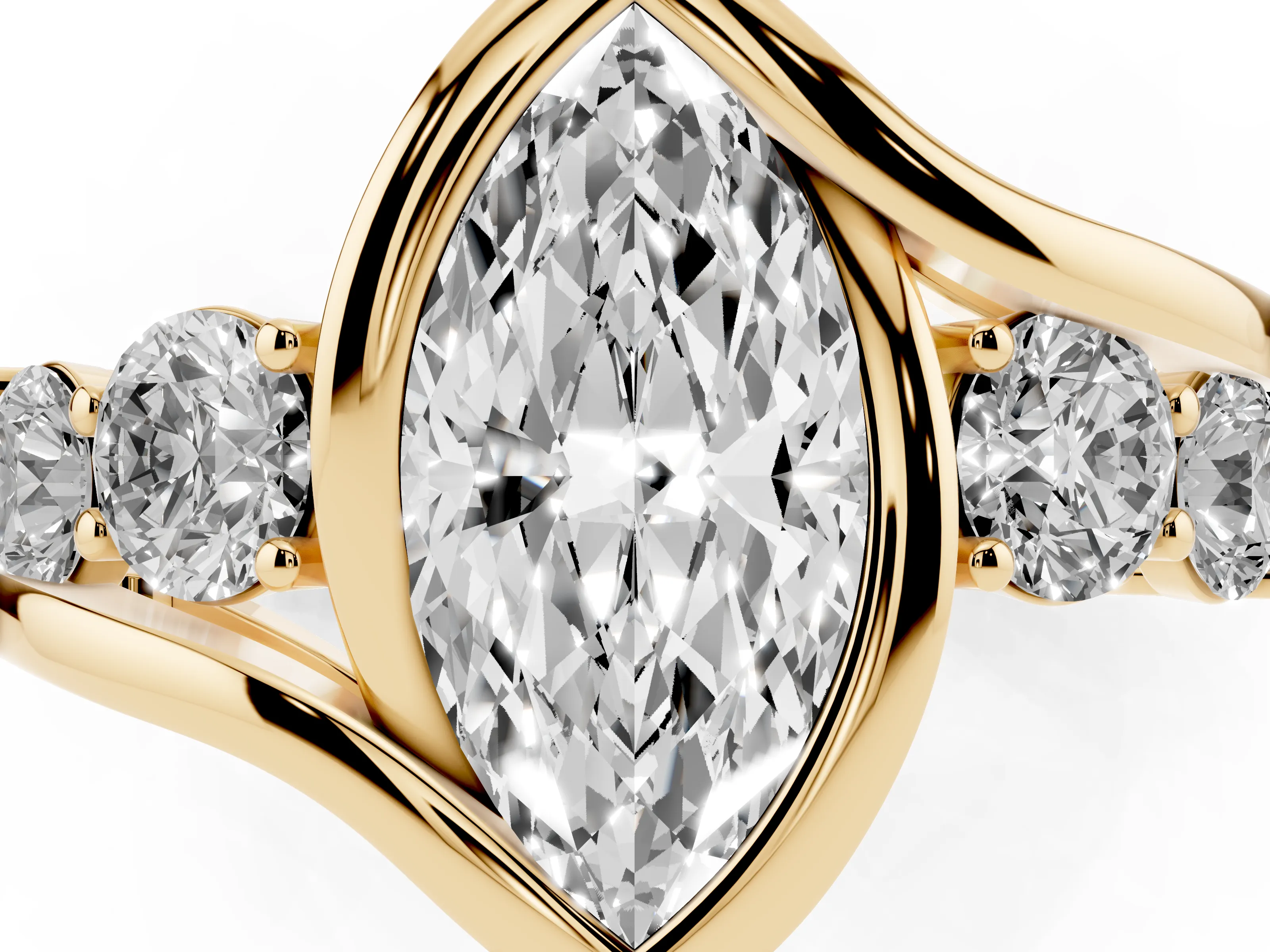 Marquise Cut Diamond Bezel Bypass Ring Set in Yellow gold with Round Accents
