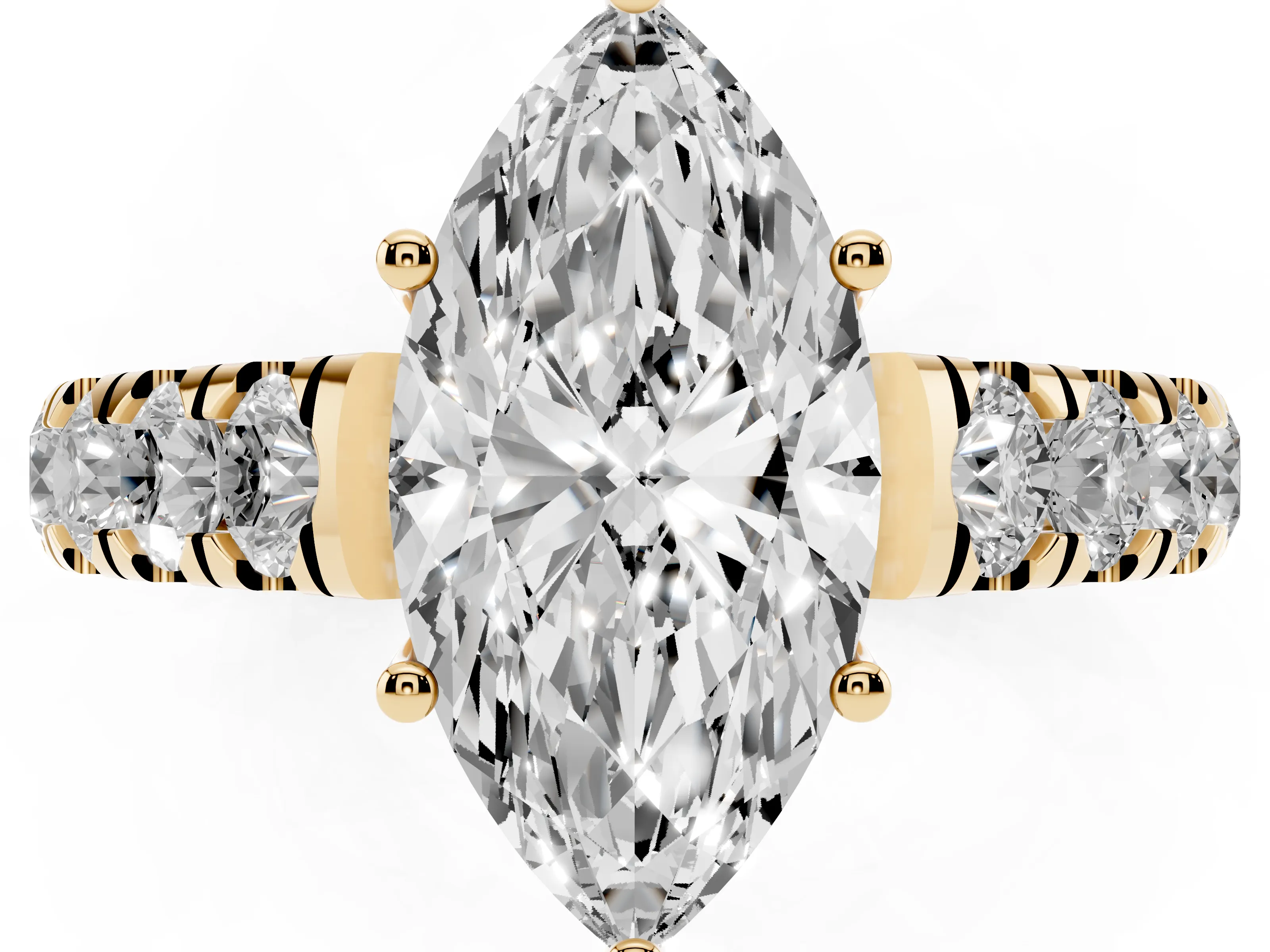 Marquise Cut Diamond Solitaire Ring Set in Yellow gold with Cut-Down Micro Pavé Band and Prong Setting