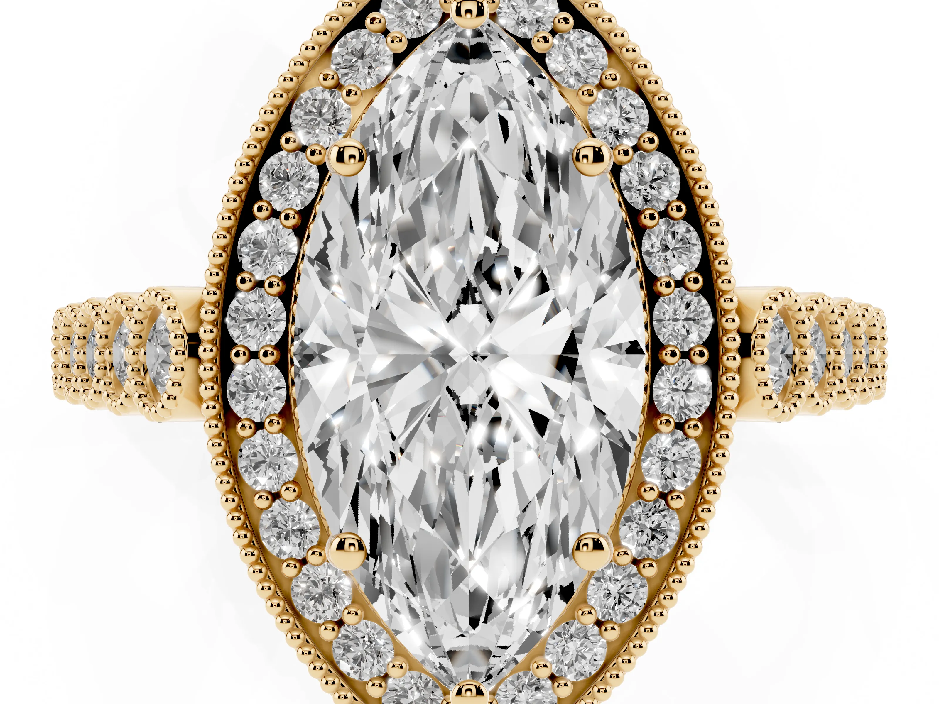 Marquise Cut Diamond Milgrain Halo Solitaire Ring Set in Yellow gold with Bezel Set Side Stones and Pavé Band