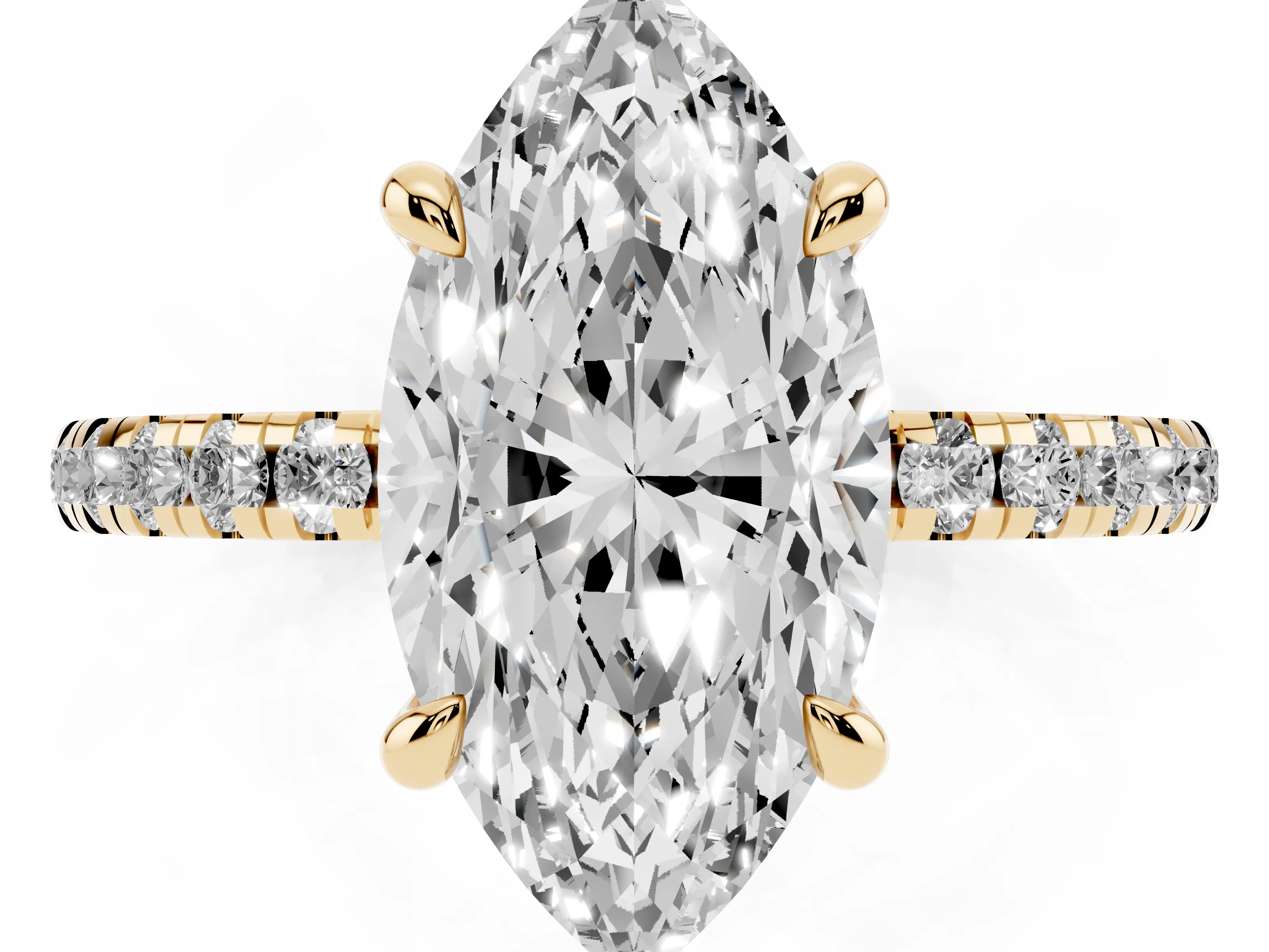 Marquise Cut Diamond Brilliant Solitaire Ring Set in Yellow gold with Pavé Band and Prong Setting