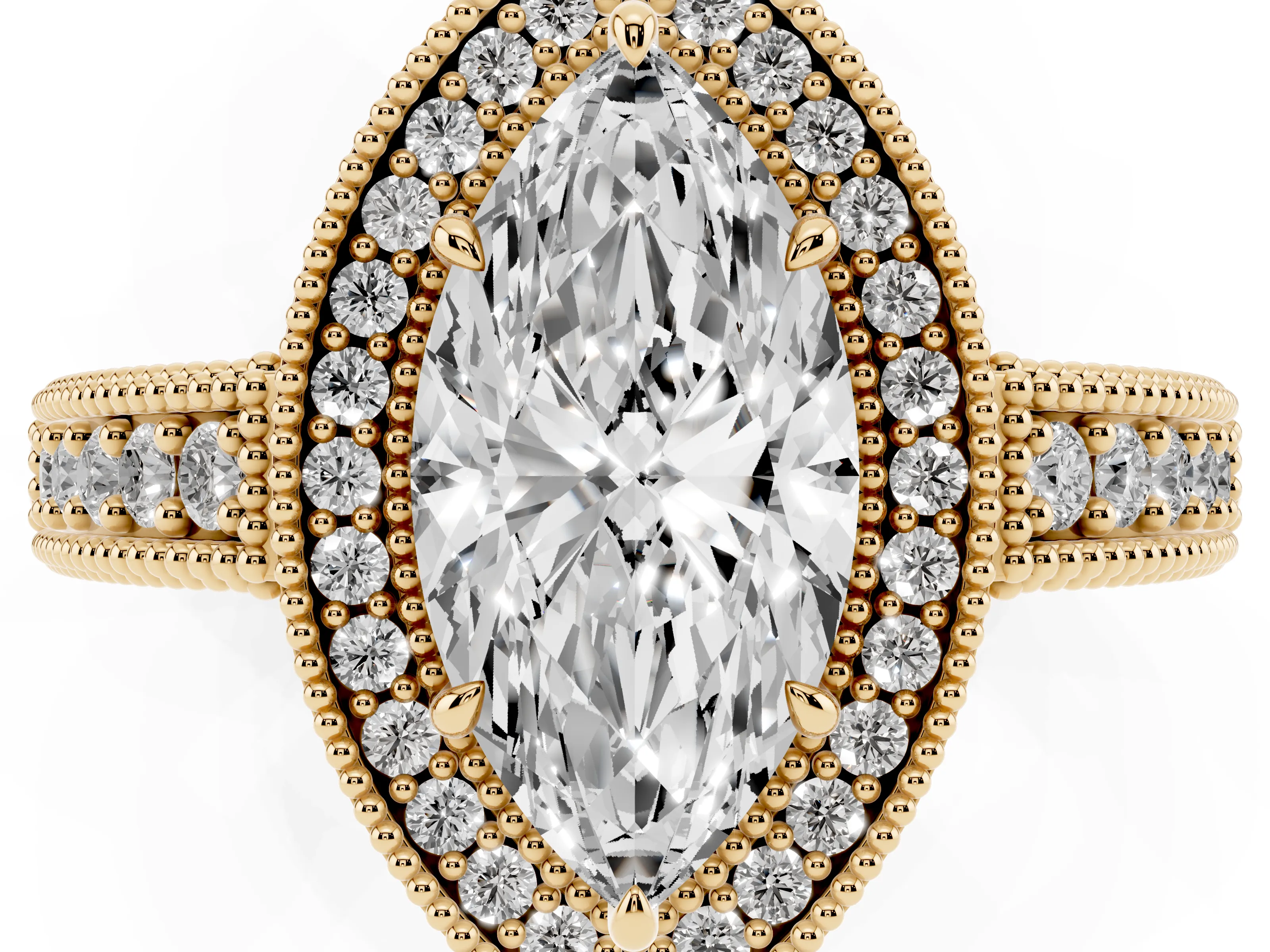 Marquise Cut Diamond Halo Ring Set in Yellow gold with Round Accent Halo, Pavé Band and Prong Setting