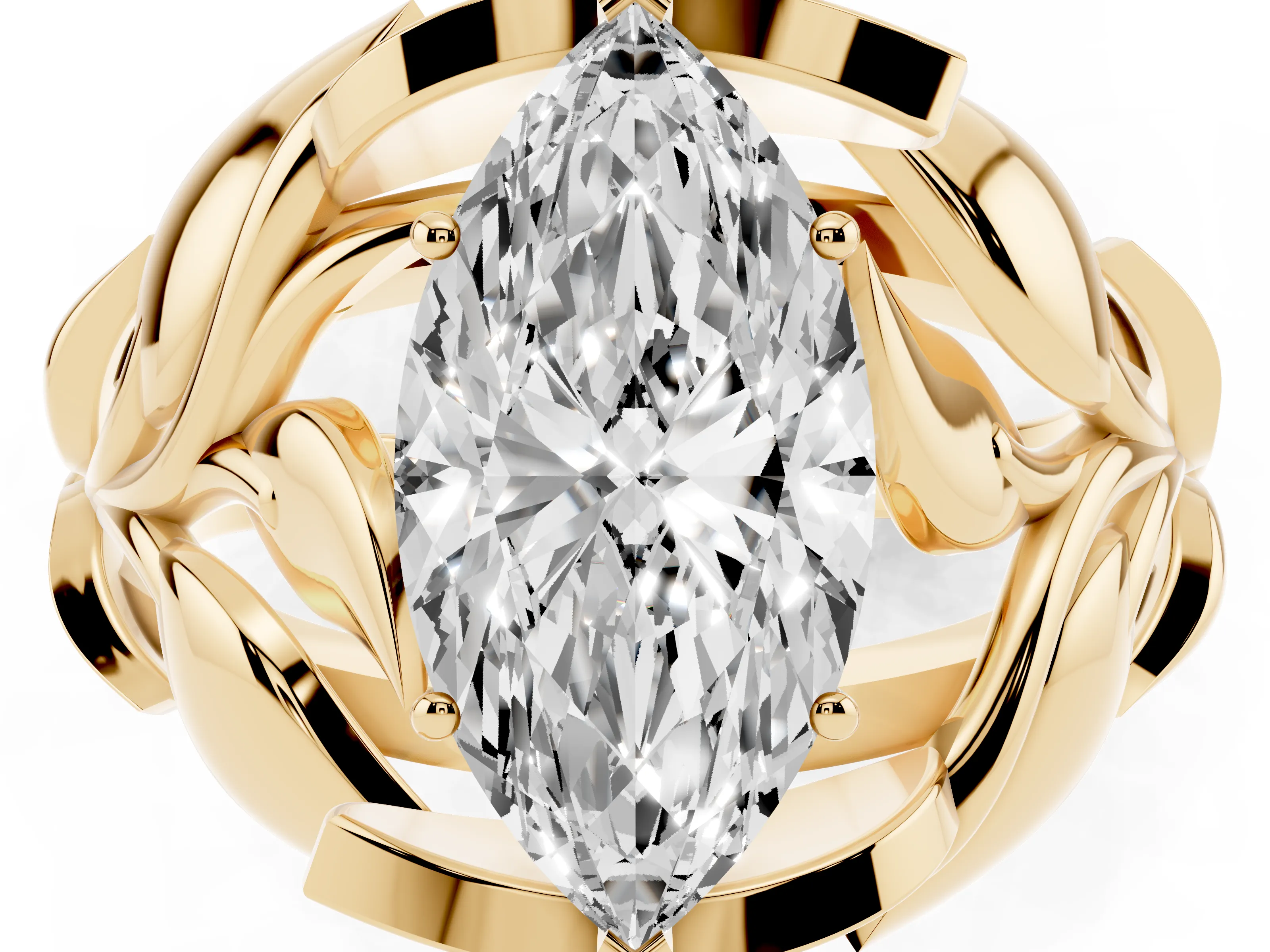 Marquise Cut Diamond Leaf-Inspired Engagement Ring Set in Yellow gold with Round Accents