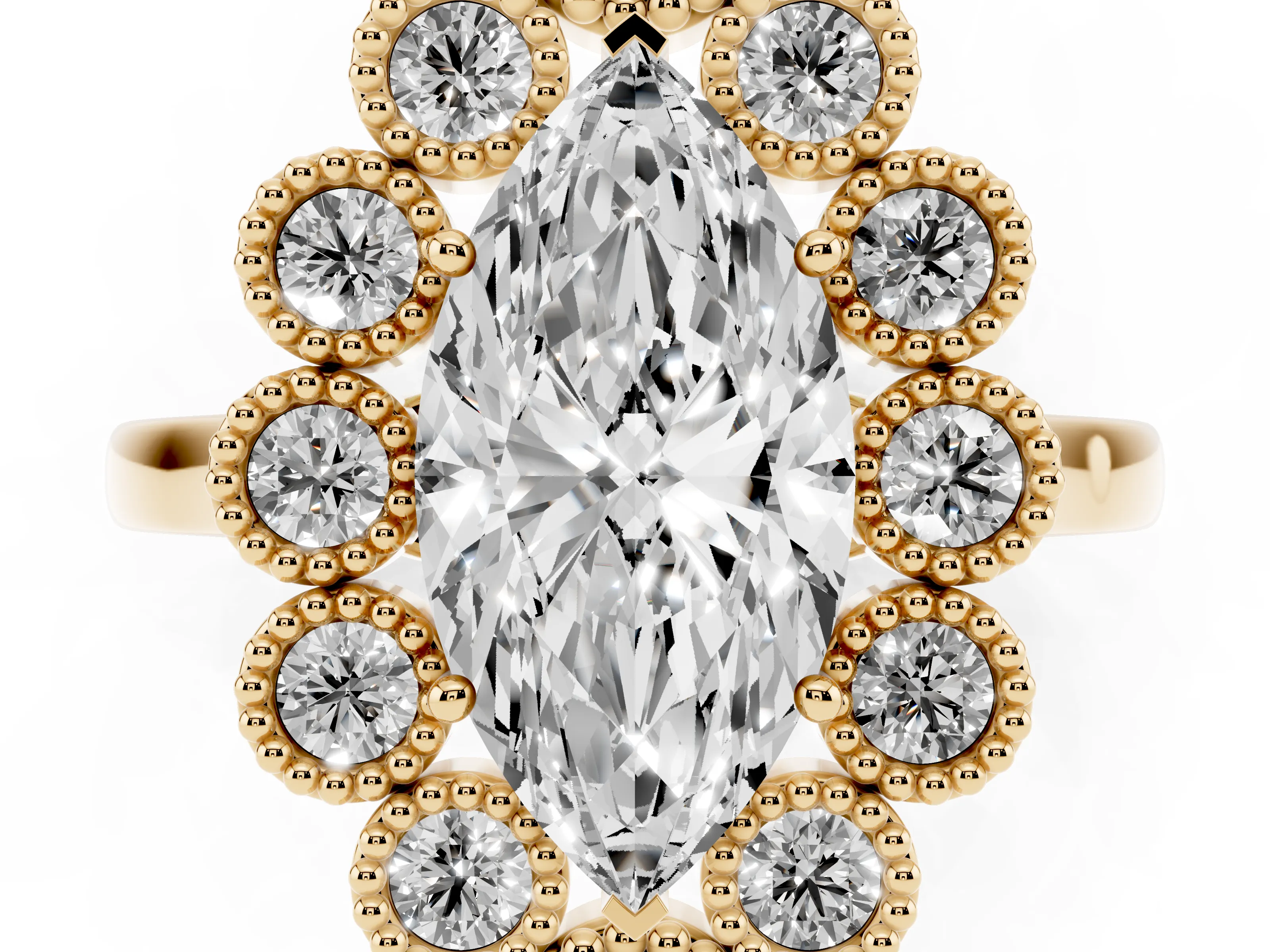 Marquise Cut Diamond Cluster Halo Ring Set in Yellow gold with Milgrain Bezel Accents and Plain Band