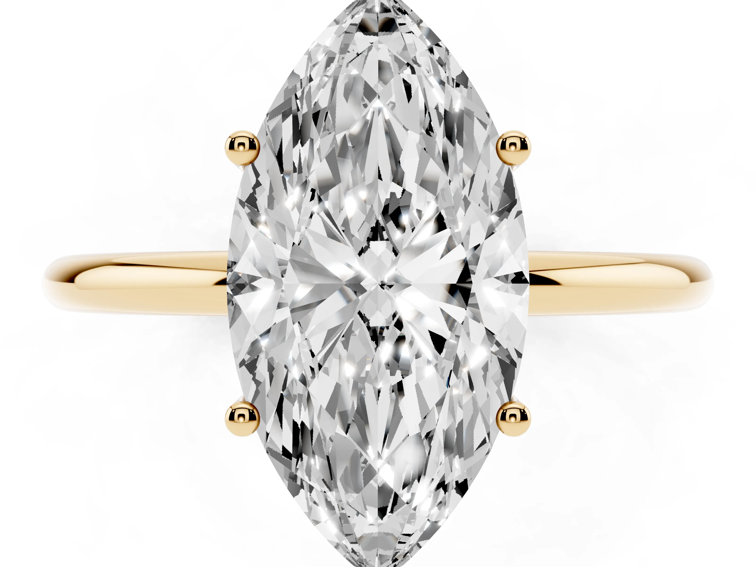Marquise Cut Diamond Solitaire Engagement Ring Set in Yellow gold with Thin Band and Prong Setting