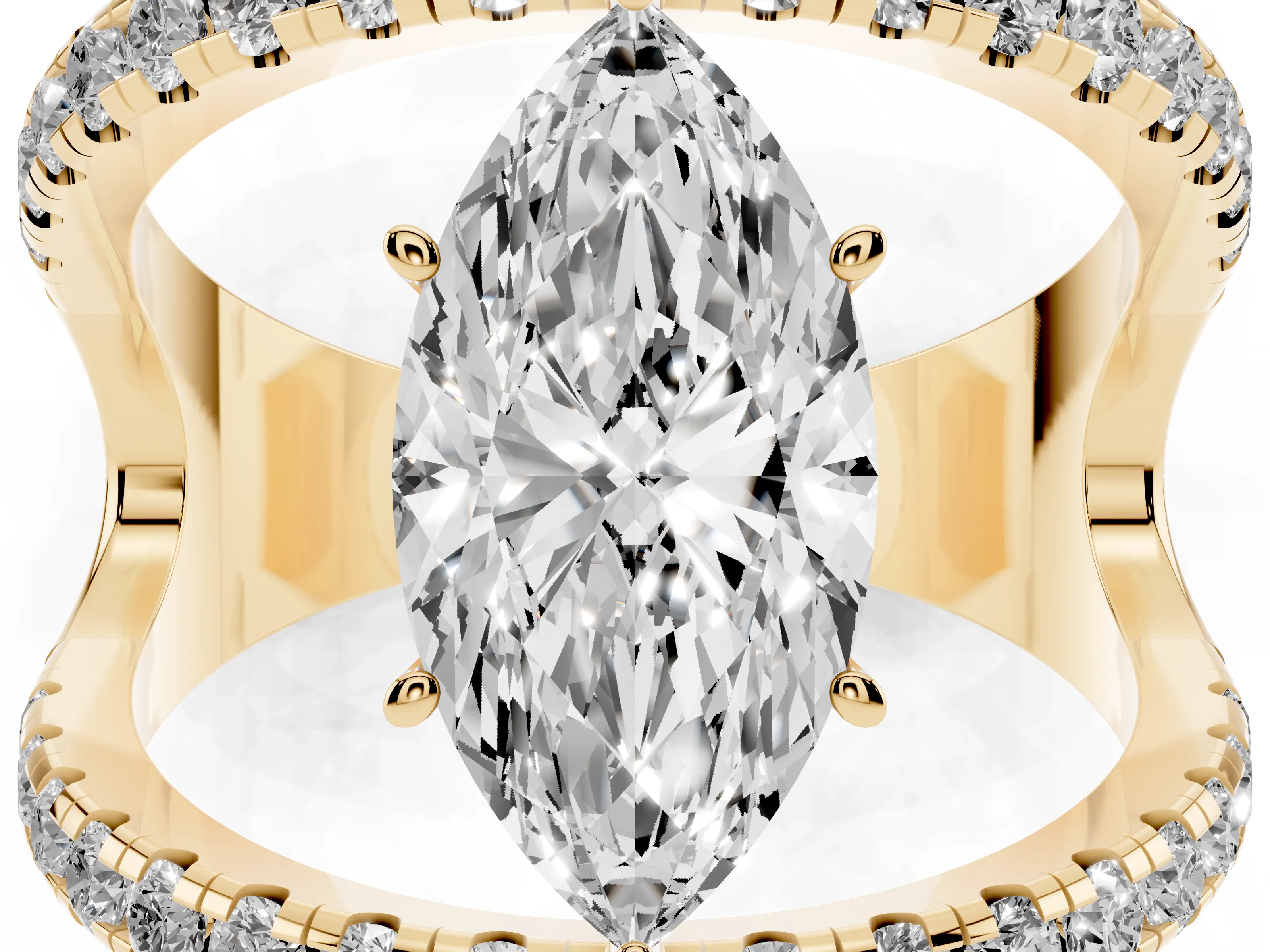 Marquise Cut Diamond Split Shank Pavé Solitaire Ring Set in Yellow gold with Open Shank Design