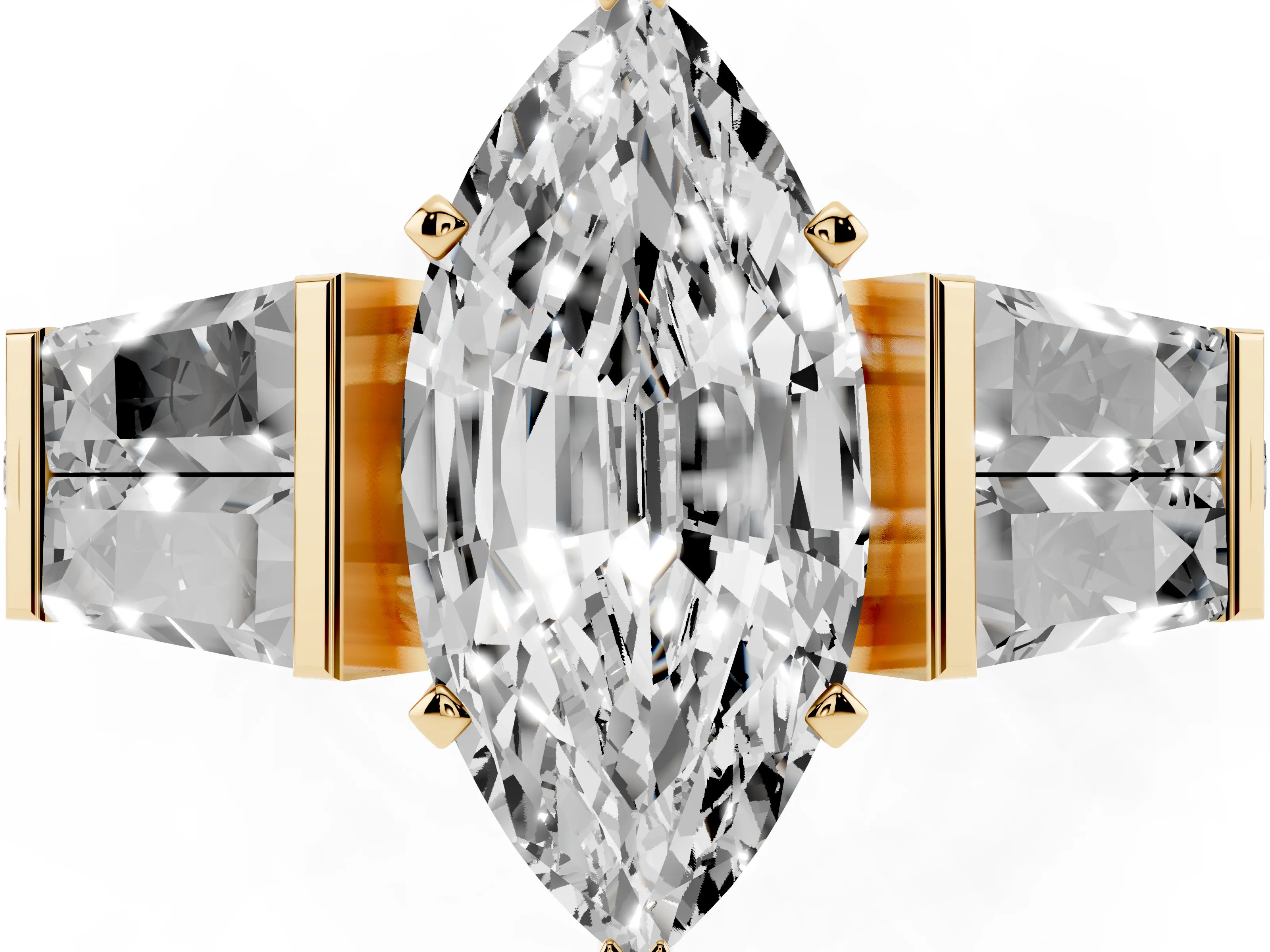 Marquise Cut Diamond Engagement Ring Set in Yellow gold with Baguette Side Stones and Channel Set Band