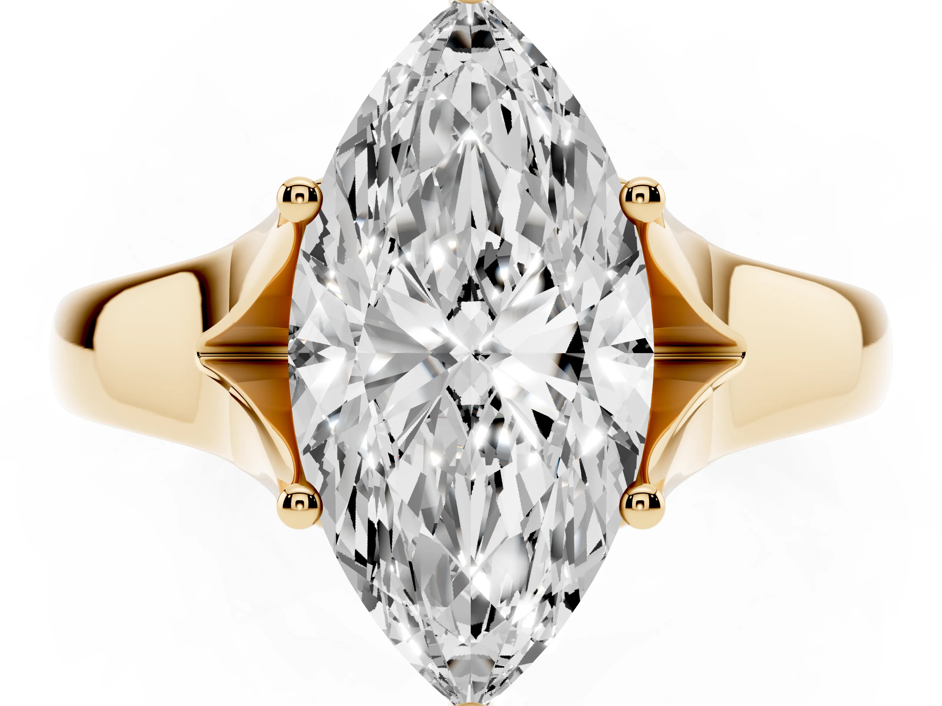 Marquise Cut Diamond Solitaire Ring Set in Yellow gold with Arched Cathedral Band and Prong Setting