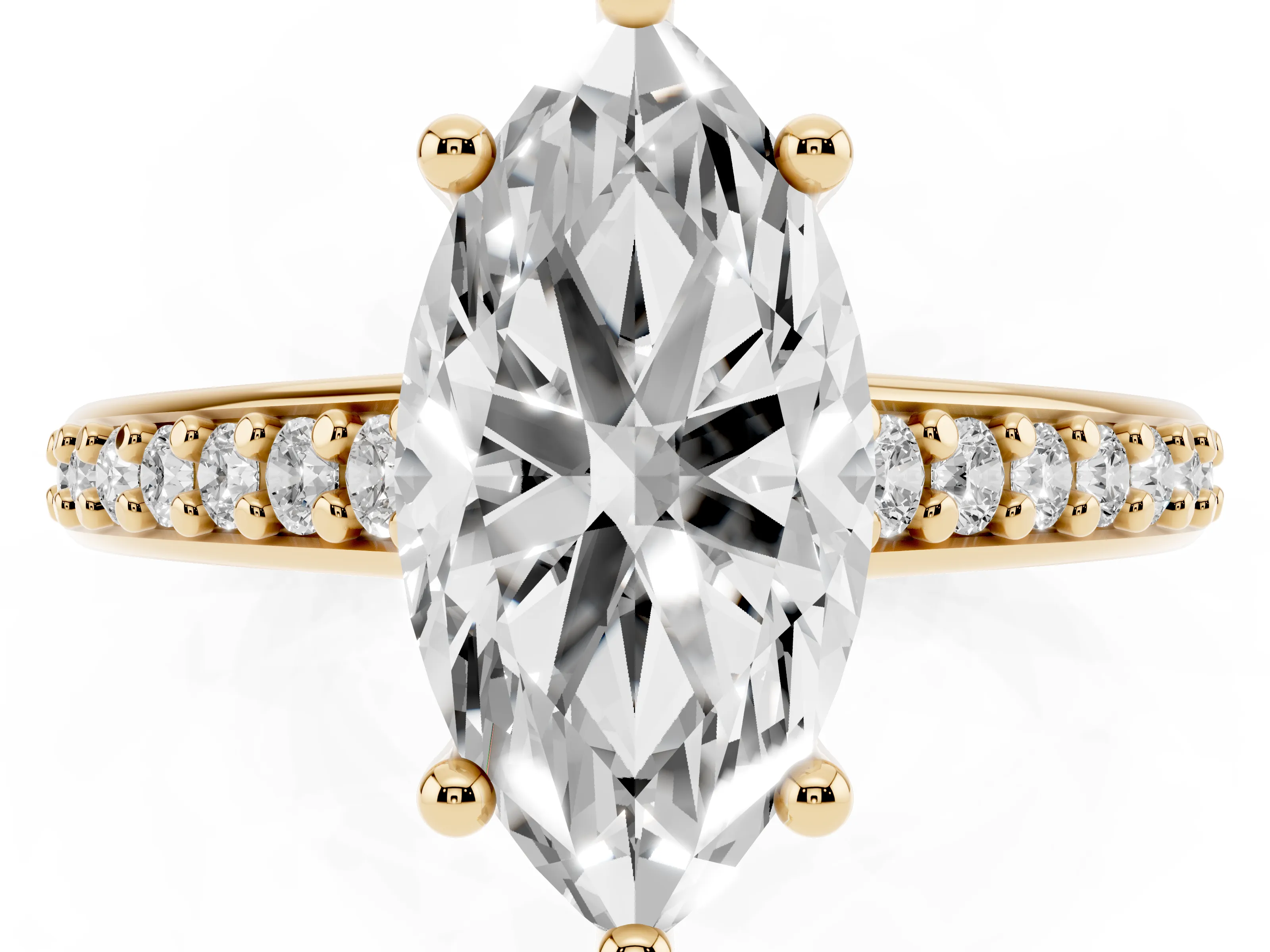 Marquise Cut Diamond Prong Set Solitaire Engagement Ring Set in Yellow gold with Pavé Band