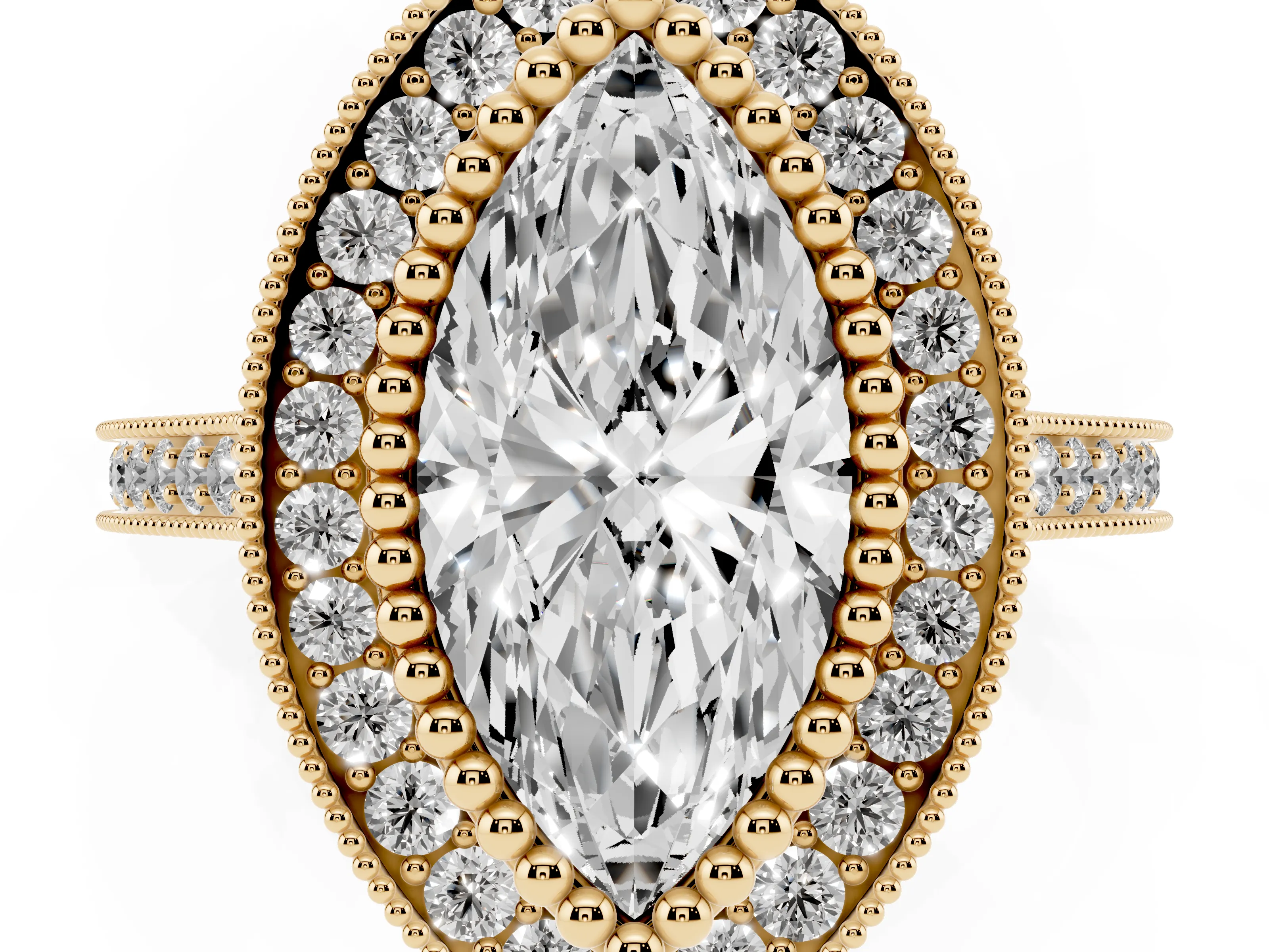 Marquise Cut Diamond Halo Ring Set in Yellow gold with Milgrain Frame and Pavé Band