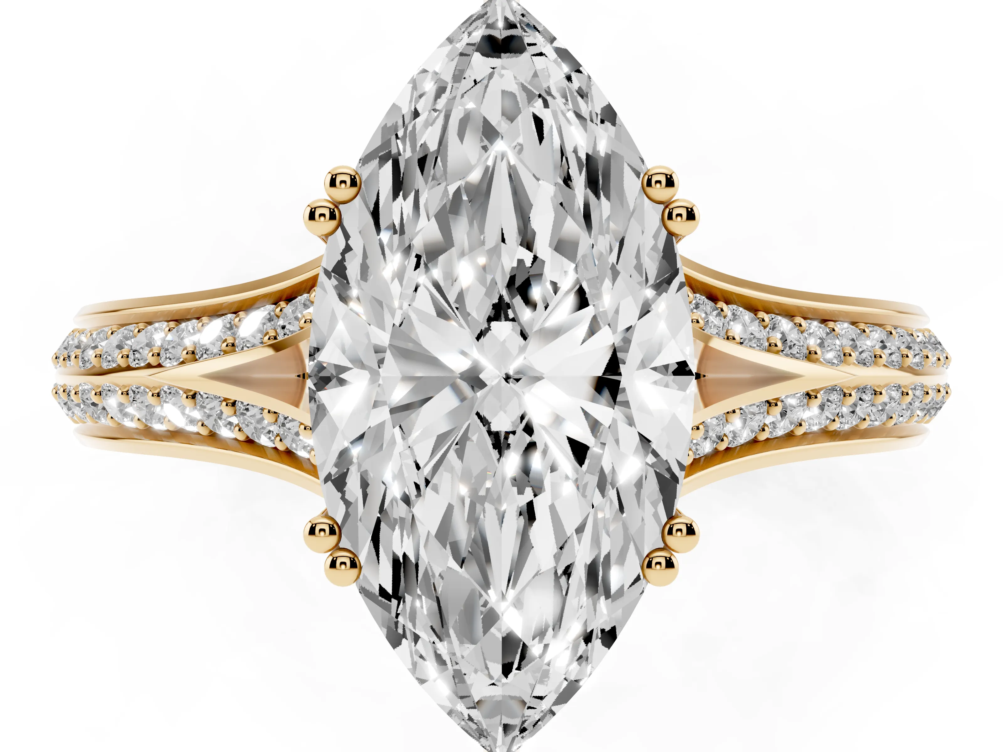 Marquise Cut Diamond Split Shank Pavé Engagement Ring Set in Yellow gold with Prong-Set Center Stone
