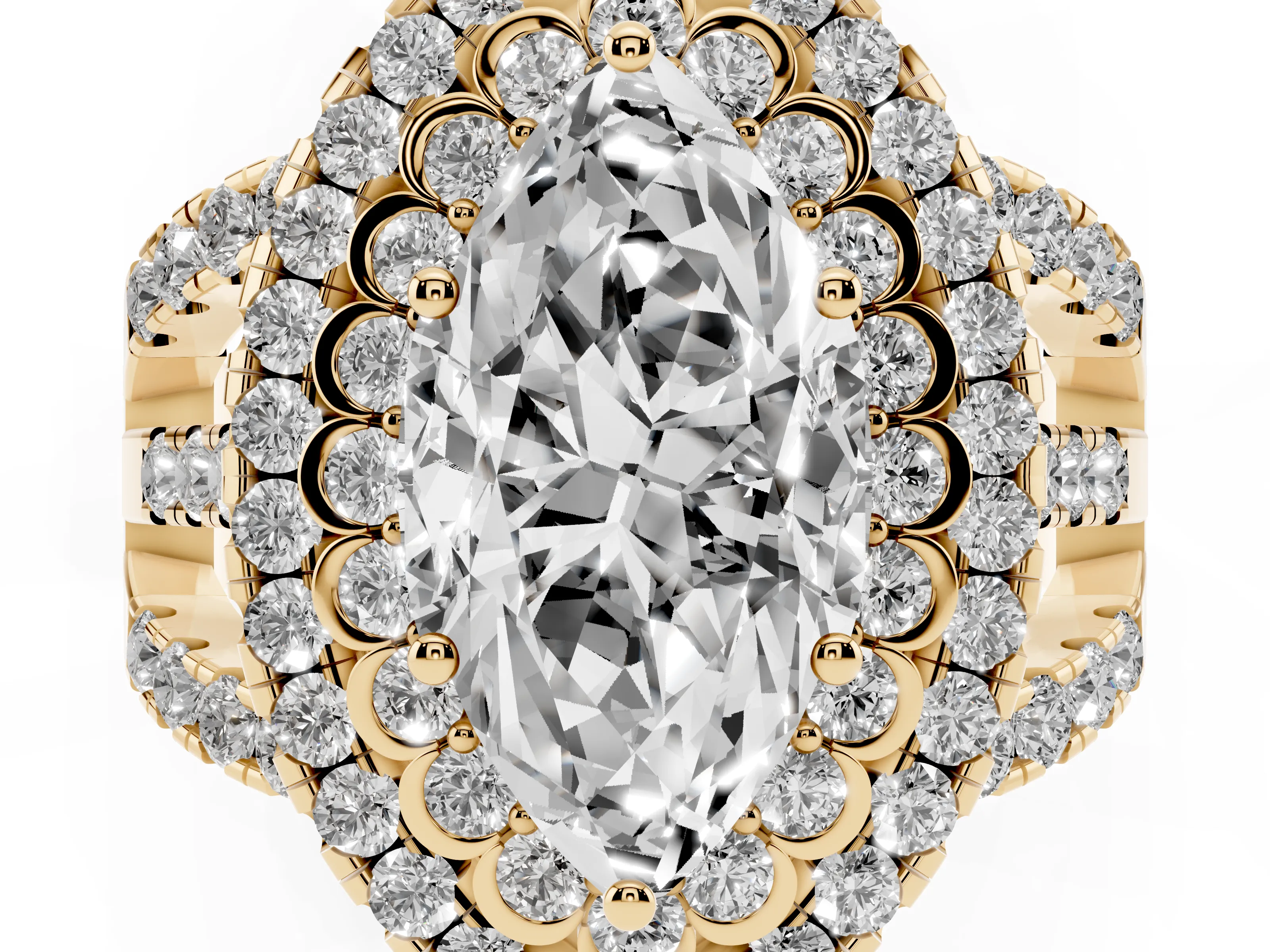 Marquise Cut Diamond Double Halo Ring Set in Yellow gold with Round Pavé Split Shank