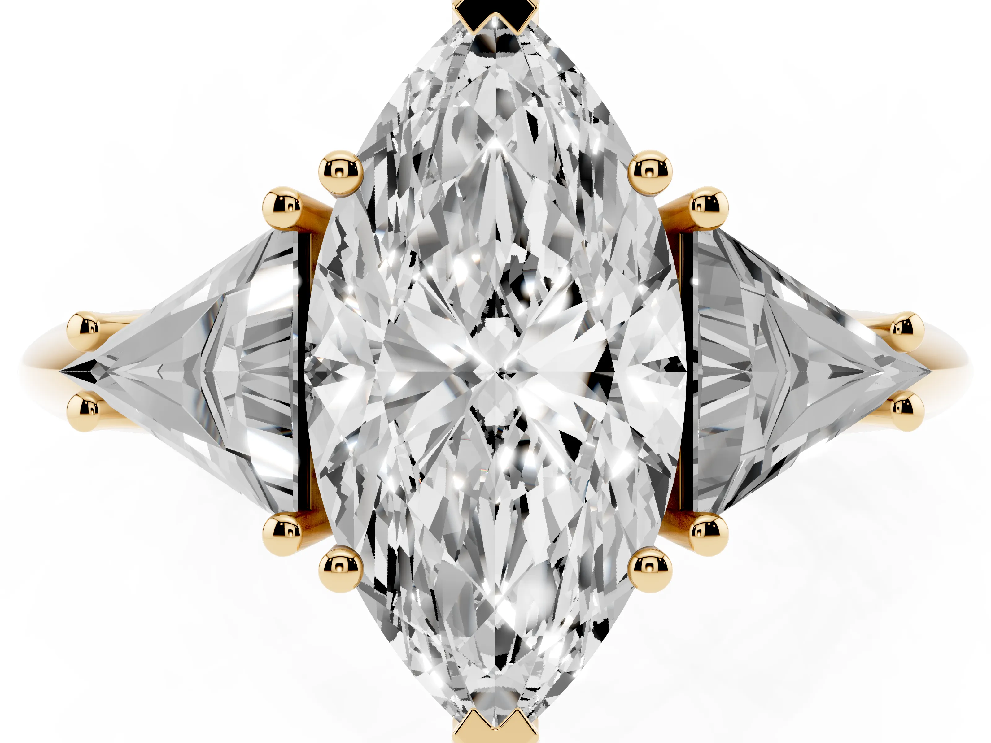 Marquise Cut Diamond Three-Stone Engagement Ring Set in Yellow gold with Trillion Side Stones