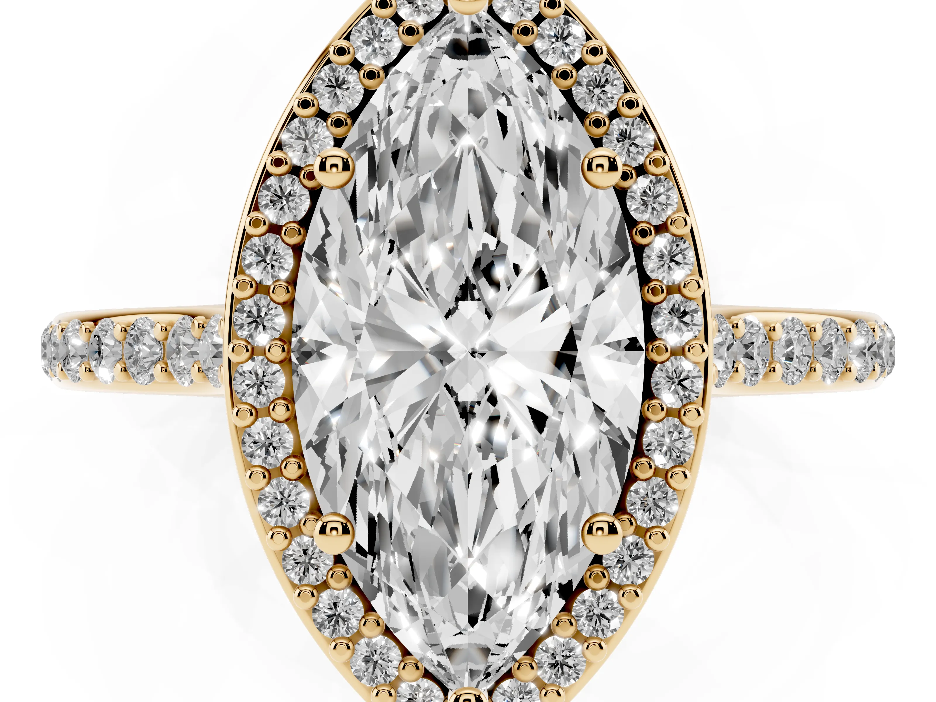 Marquise Cut Diamond Halo Engagement Ring Set in Yellow gold with Round Pavé Shoulders and Heart Gallery