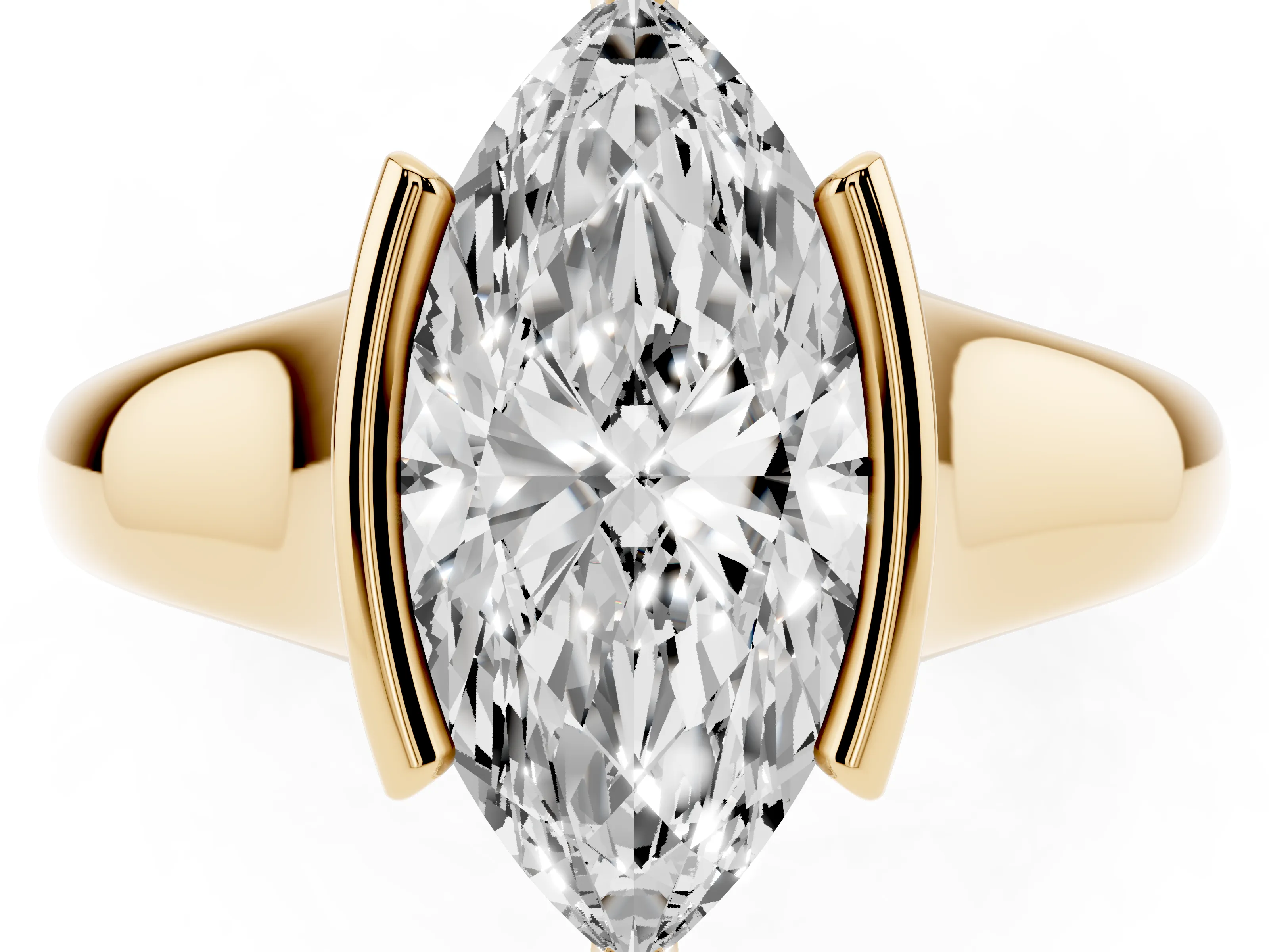 Marquise Cut Diamond Solitaire Tension Set Ring Set in Yellow gold with Split Shank Band