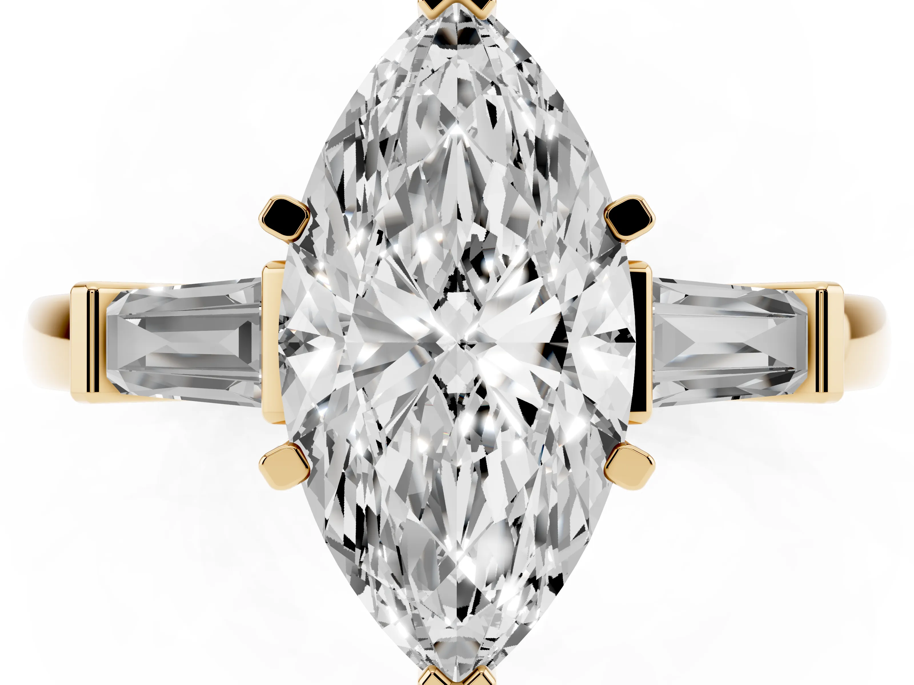 Marquise Cut Diamond Solitaire Ring Set in Yellow gold with Tapered Baguette Accents and Prong Setting