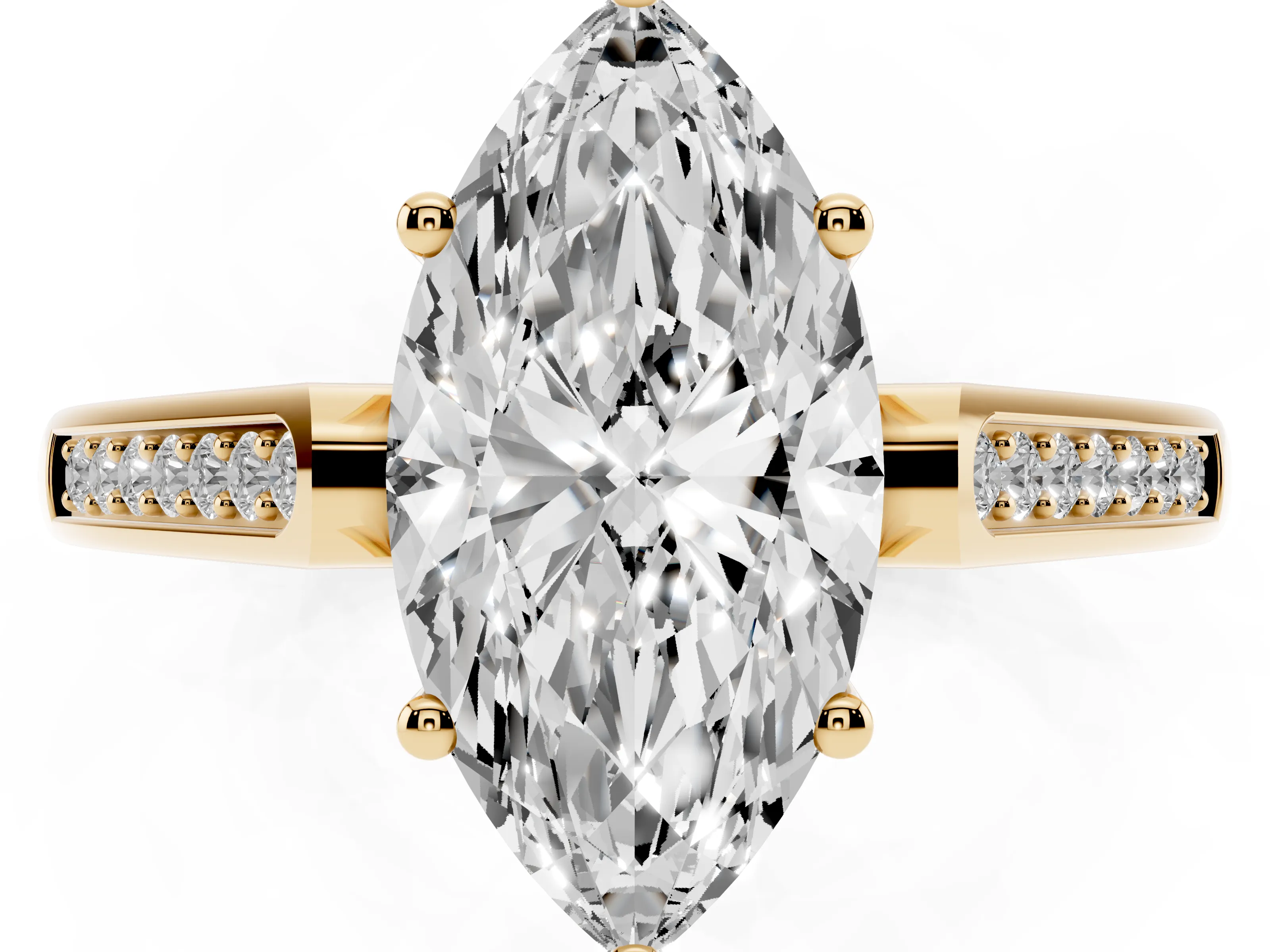 Marquise Cut Diamond Solitaire Cathedral Engagement Ring Set in Yellow gold with Channel-Set Band and Prong Setting