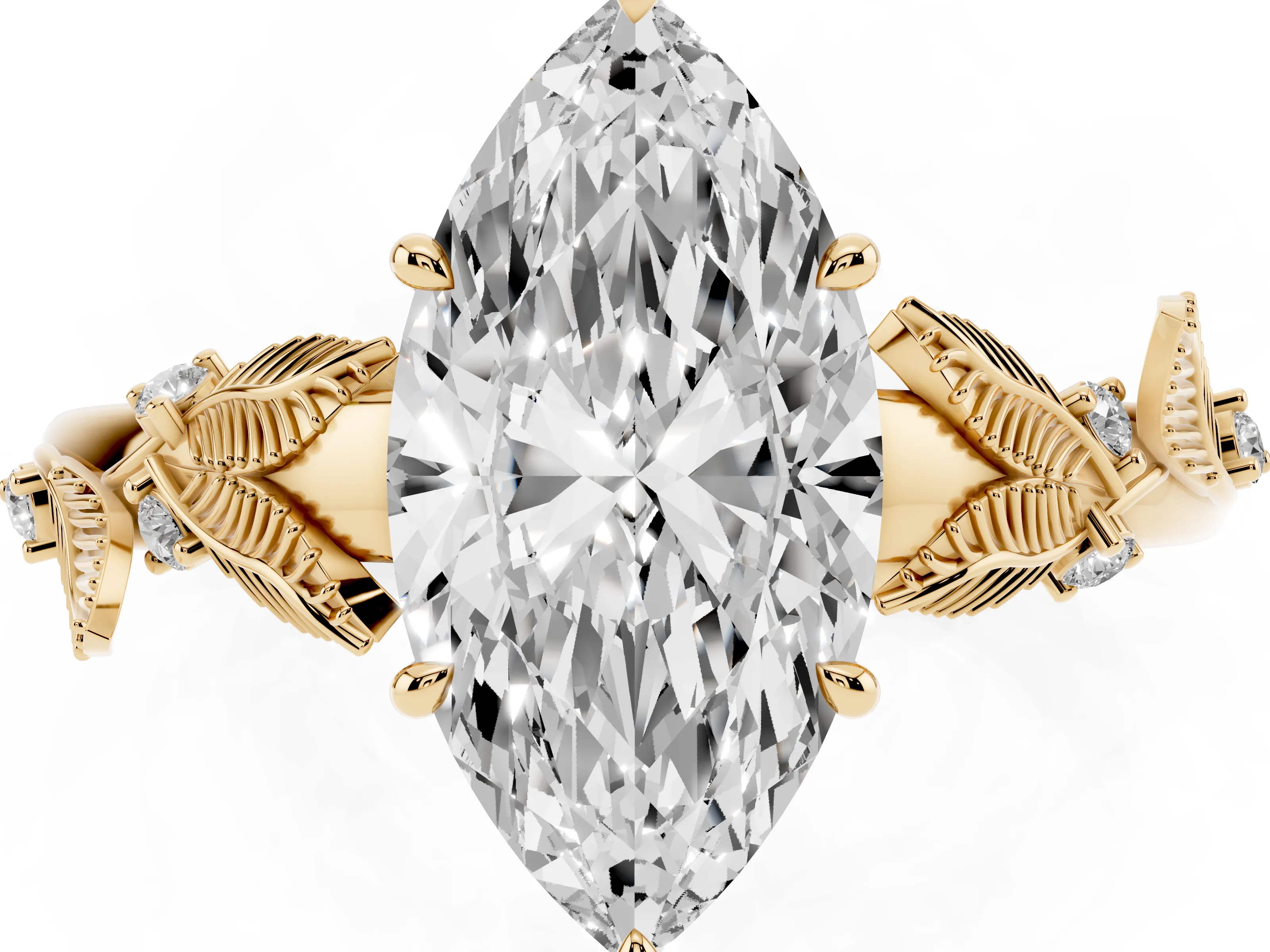 Marquise Cut Diamond Solitaire Ring Set in Yellow gold with Leaf Motif Band