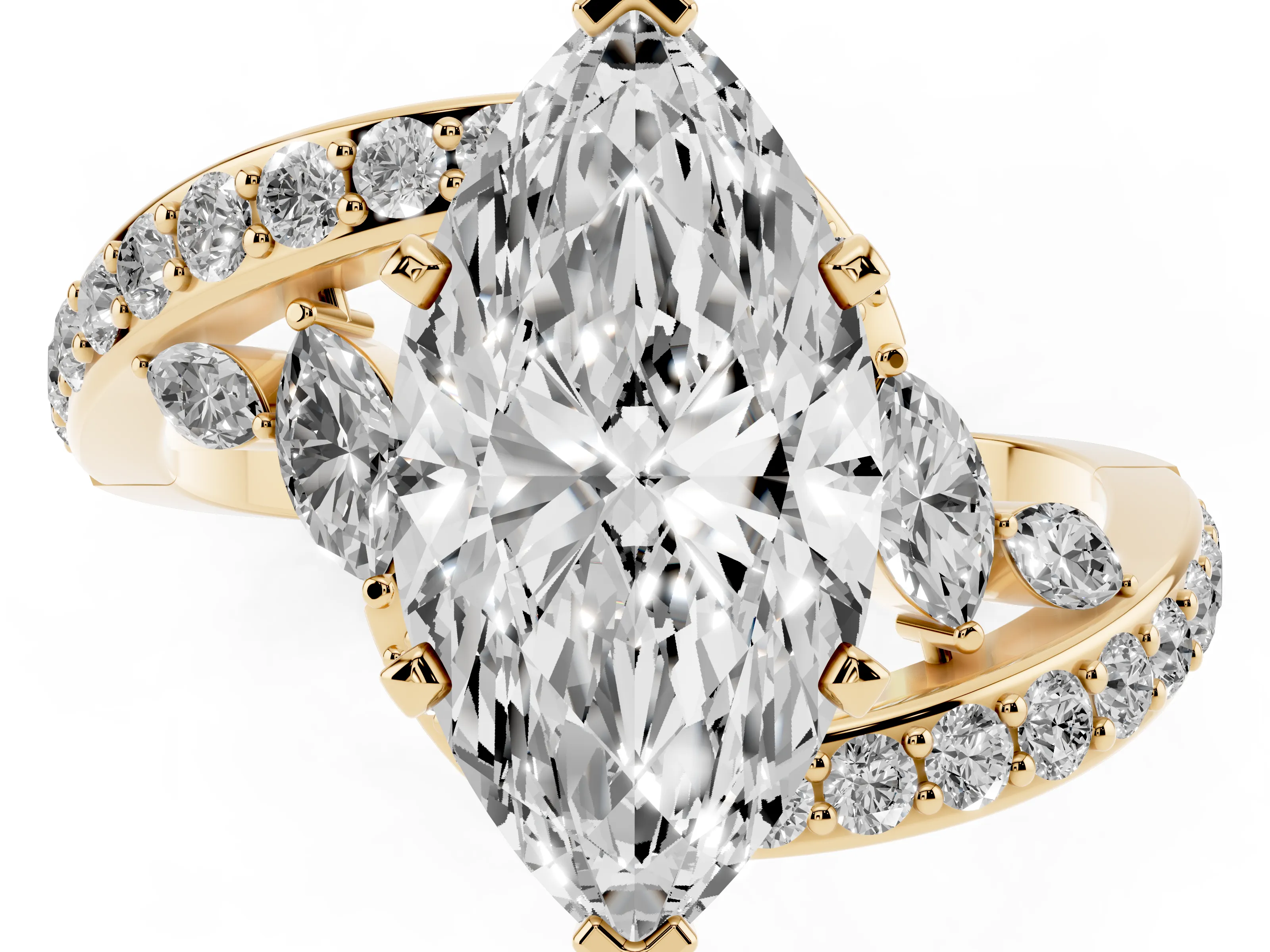 Marquise Cut Diamond Solitaire Ring Set in Yellow gold with Pavé Twist Band and Secure Prong Setting