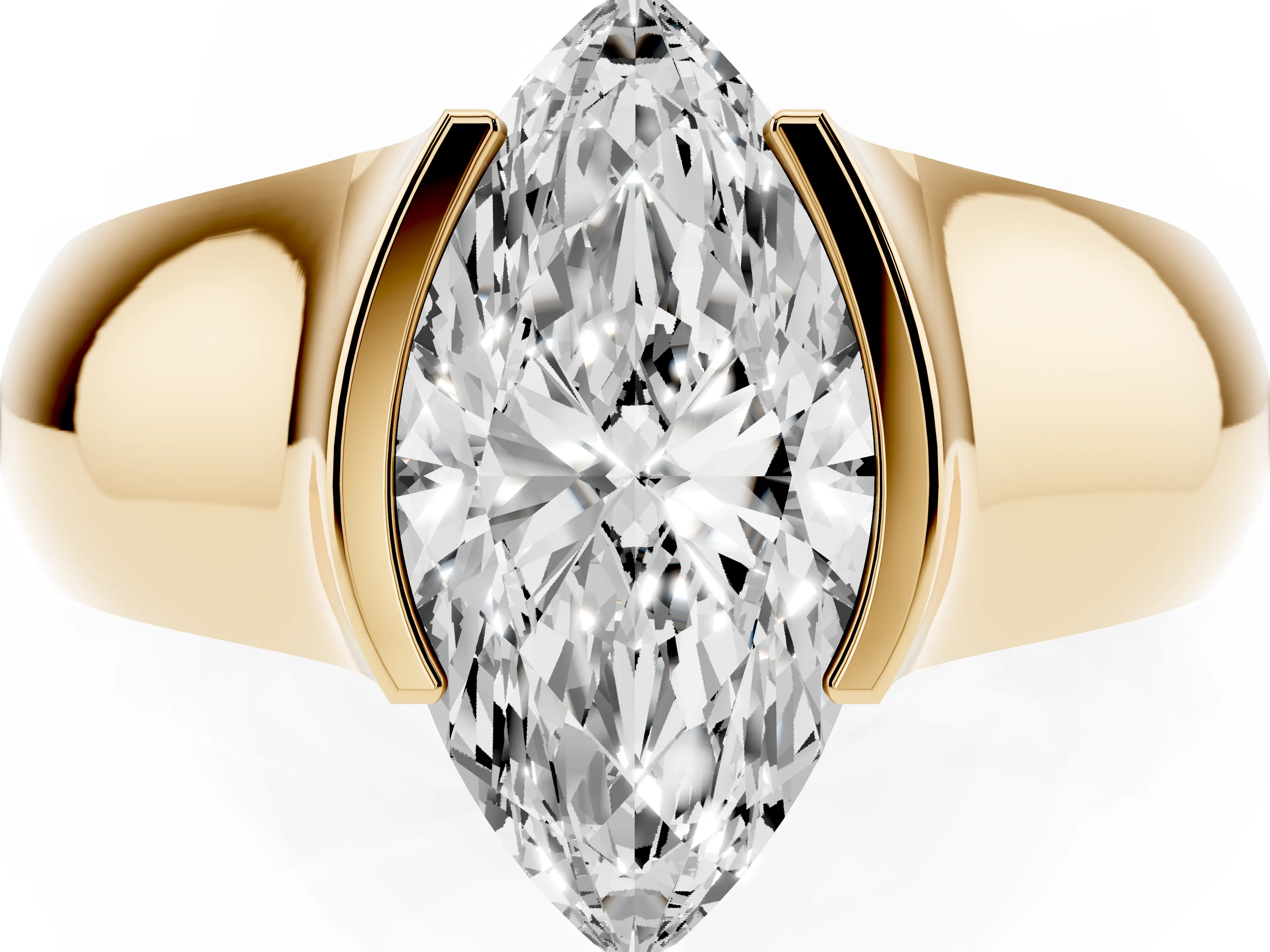 Marquise Cut Diamond Bezel Solitaire Ring Set in Yellow gold with Wide Band